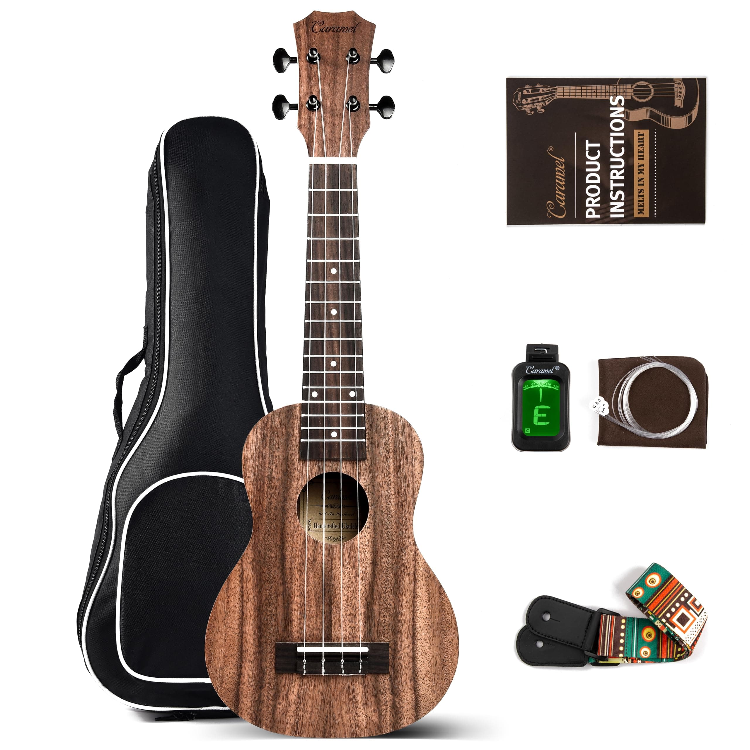 Caramel - 21" Soprano Acacia KOA Ukulele CS207 Gigbag Beginner Kit