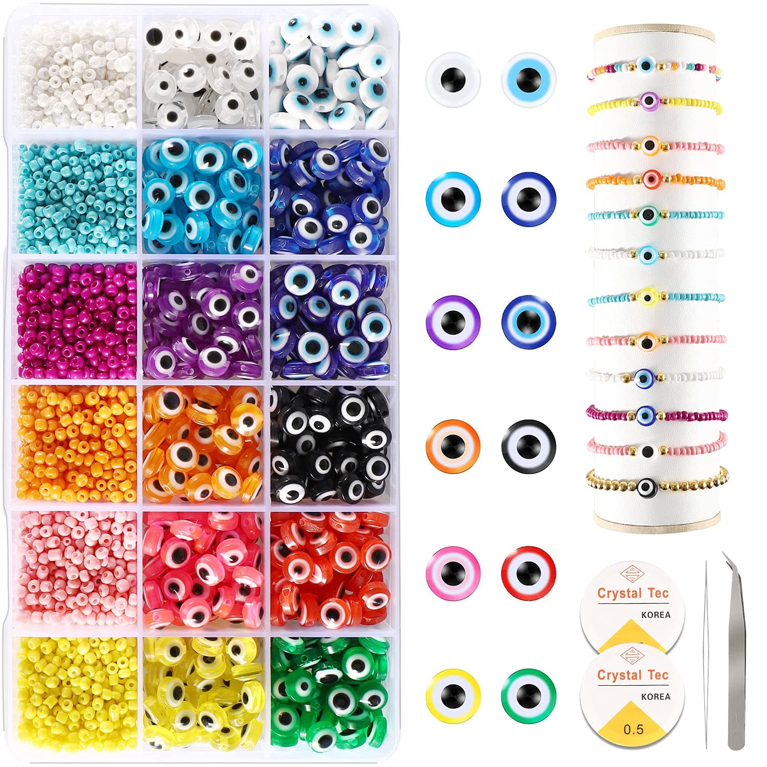 PHUNTTEK 2400pcs Seed Beads and Evil Eye Beads Halloween Beads for Jewelry Making, 3mm Glass Seed Beads 8mm Flat Evil Eye Colorful Bracelet Beads Kit for Bracelets Making DIY Gift Beading Supplies