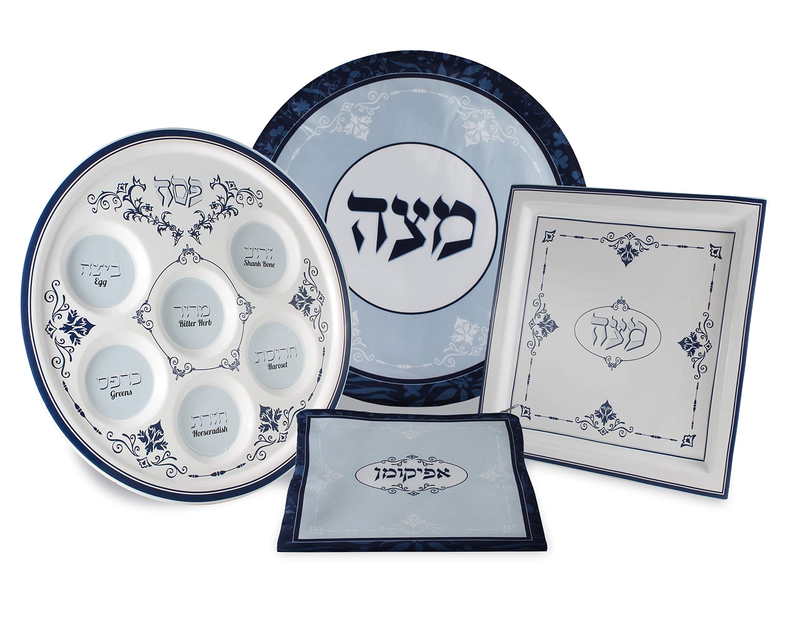 Zion Judaica Ltd Passover Seder TableTop Renaissance Collection Seder Plate, Matzah Plate, Matzah Cover Square or Round, Afikomen Bag Available Individually or Complete Set Blue PAS-REN01-RSET