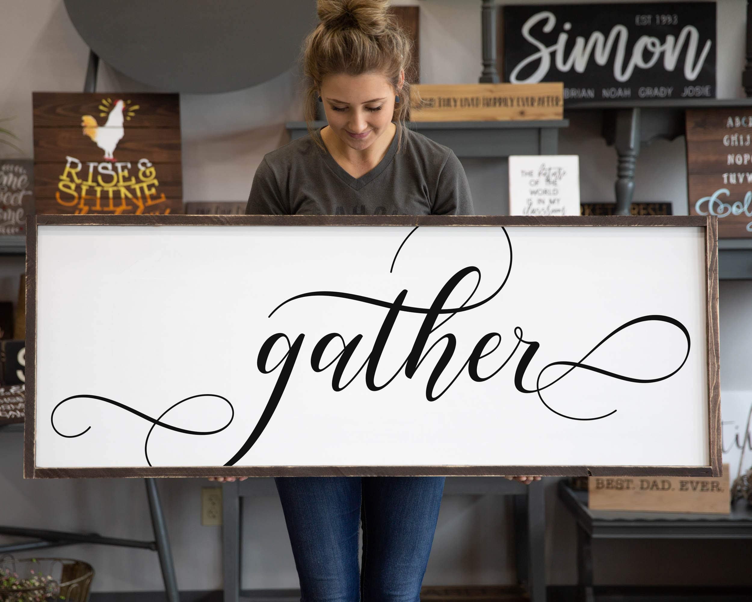 CELYCASY Gather Sign Large Wood Decor Modern Farmhouse for Her Dining Room Sign Gift for Him Large Farmhouse Sign
