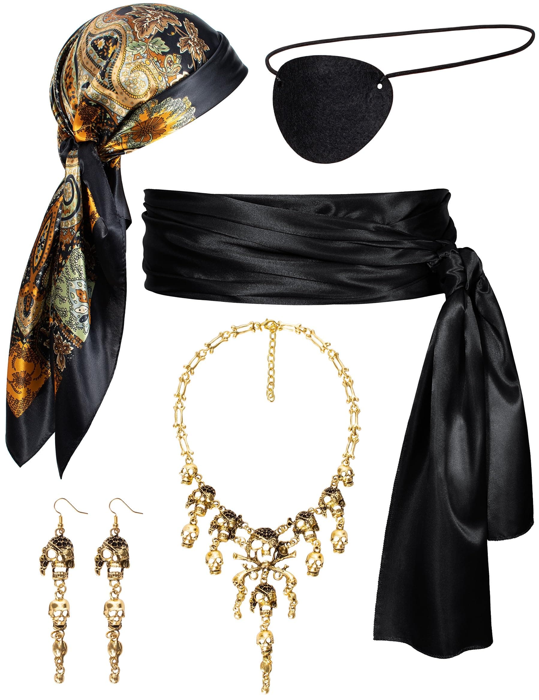 Women's Pirate Costume Pirate head Scarf Sash Belt Necklace Errings Eye Patch Halloween Cosplay Costume Accessories Set