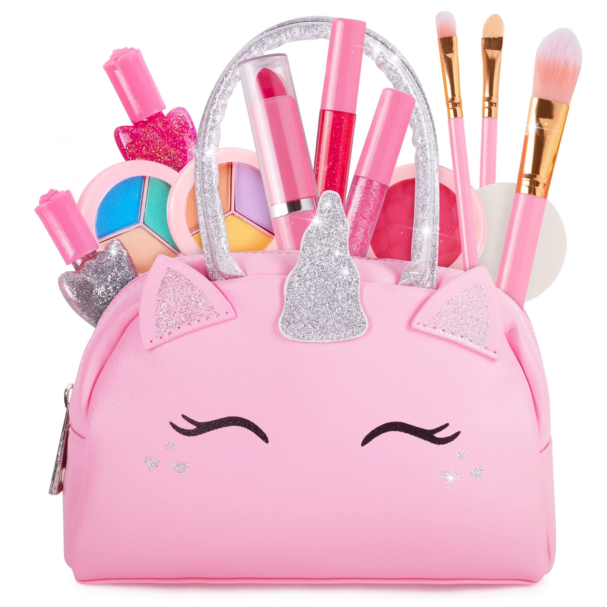 Kids Real Makeup Kit with Pink Unicorn Purse, Non Toxic Washable Make Up Set - Unicorn Toys for Girls Age 4-6, Girls Easter Basket Stuffers, Easter Gifts for Kids, Girl Gift Ages 3 4 5 6 7 8 Years Old