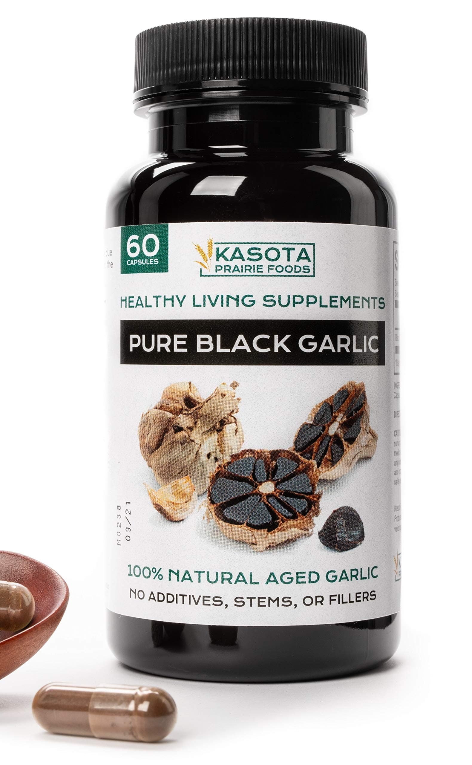 Kasota Prairie Foods. Pure Black Garlic Supplement. All Natural with Allicin for High Blood Pressure, Antioxidant and Cholesterol Support. No Stems, Husks, or Fillers. 60 Capsules.
