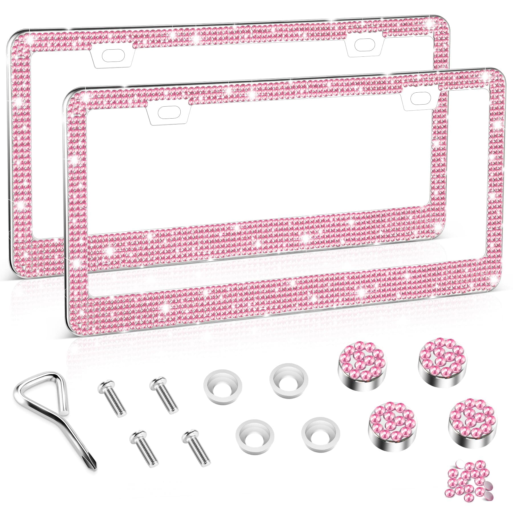 Amiss Bling License Plate Frame for Women, 2Pack Rhinestone Handcrafted Crystal Premium Stainless Steel, Stainless Steel Car Accessories with Diamond Sparkle Glitter Caps (Pink)