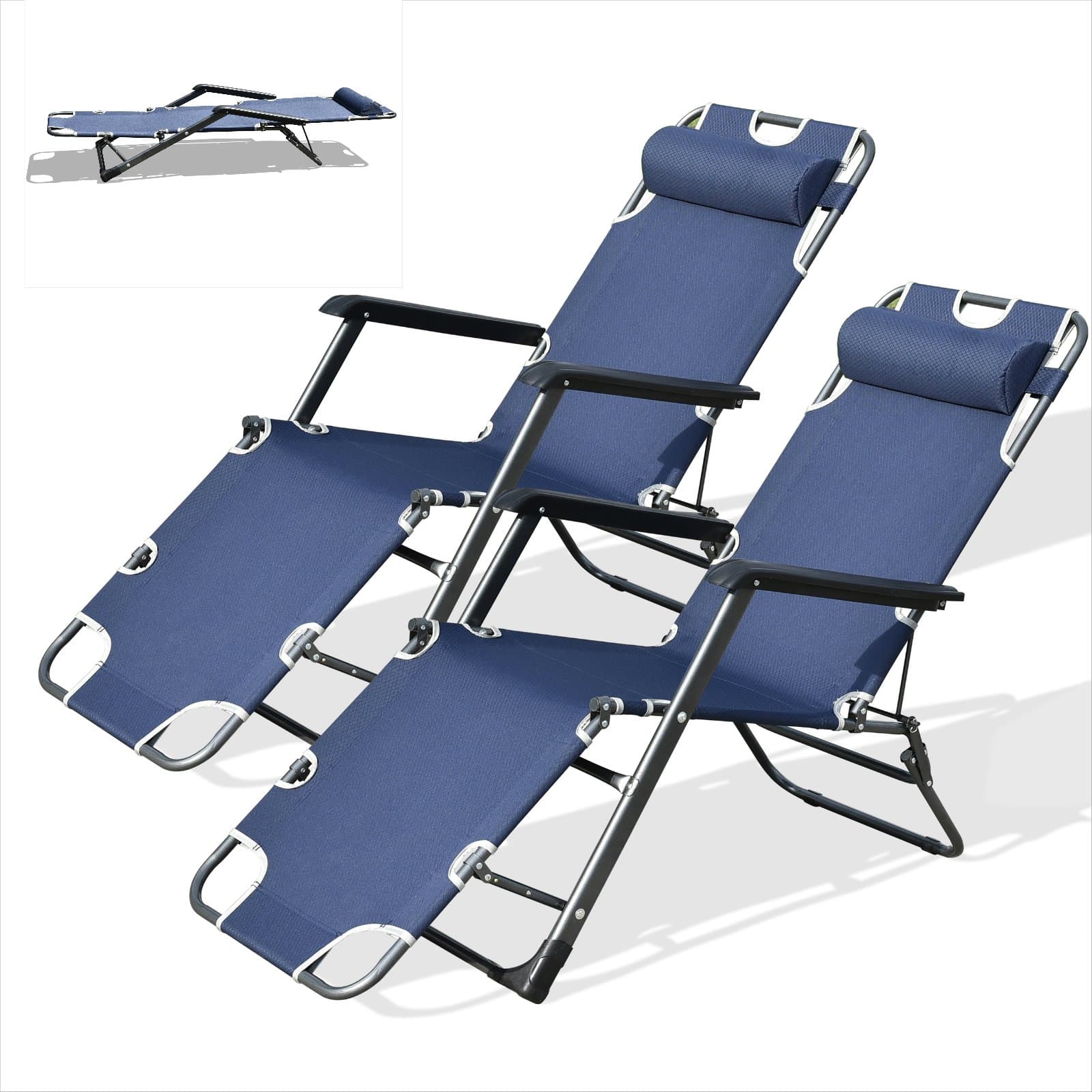 Purenity Outdoor Lay Flat Patio Reclining Beach Sun Lounge Chair Set of 2 (Navy Blue)