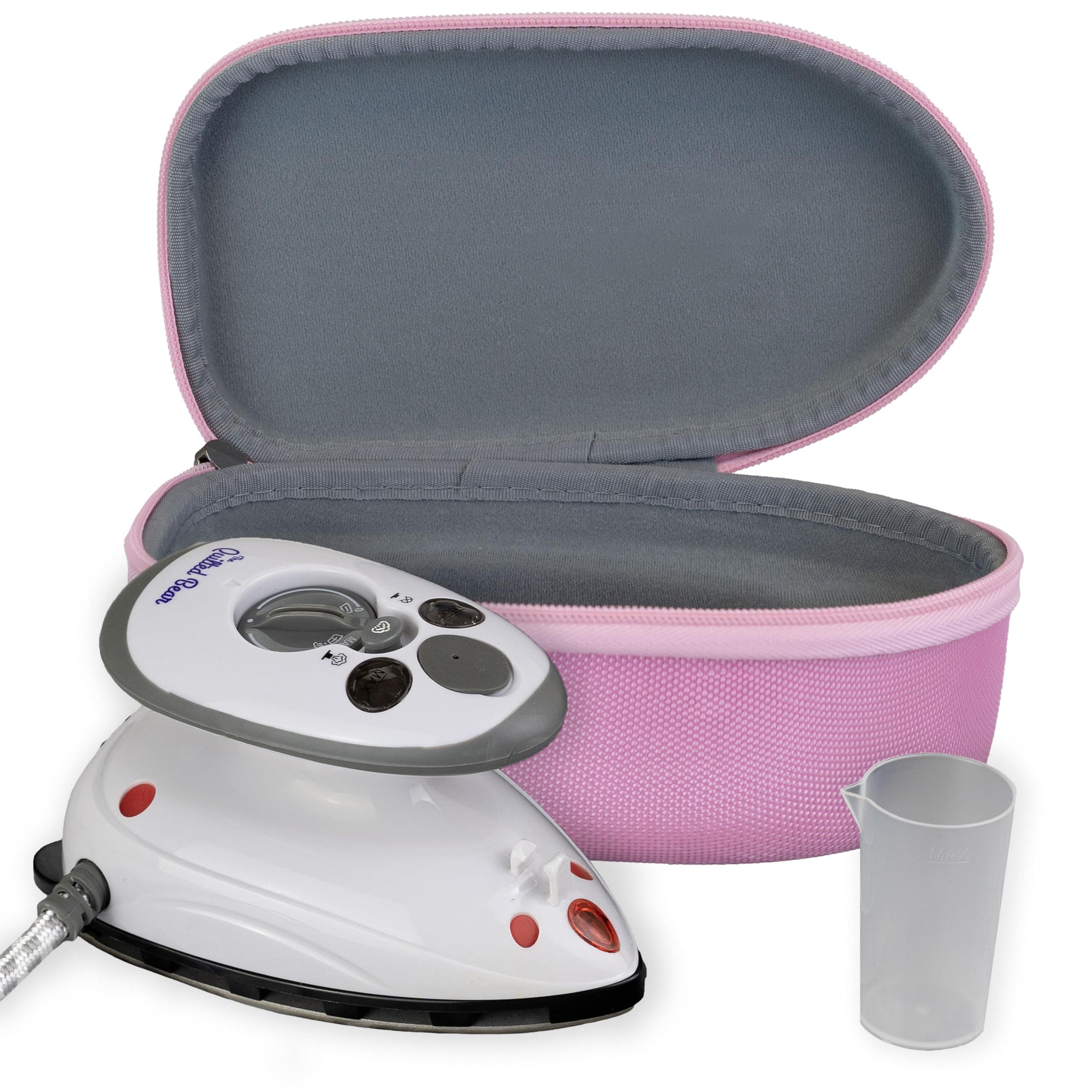 The Quilted Bear Mini Iron - Lightweight Steam With Ceramic Sole Base Plate & Temperature Gauge For Use As A Quilting Or Travel (Pink Case) (Qbmic-Pnk)