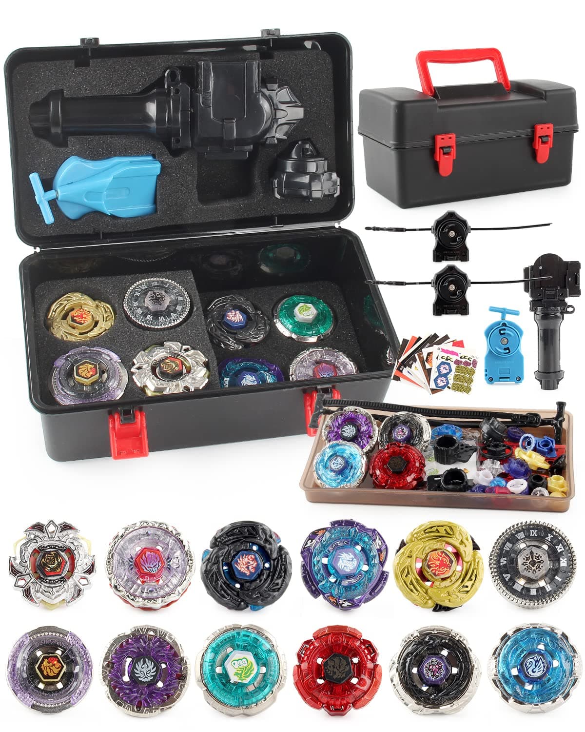 Battling Top Stadium Set, 6 Metal Fusion Spinning Tops, 2 Launcher, 1 Battle Arena with DIY Sticker, Fighting Game Toy Gift for 6+ Years Old Children (TUOLUO12)