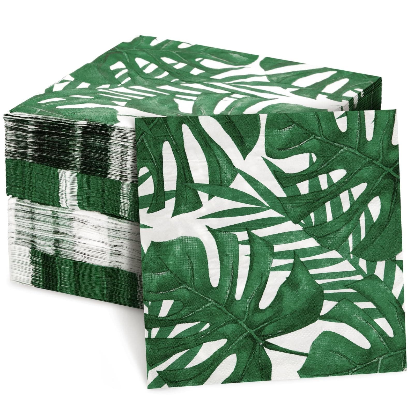BLUE PANDA Tropical Napkins Palm Leaf Design - 6.5 x 6.5 in Folded, 150 Count, 2-Ply, Green & White - Tropical Leaf Cocktail & Tiki Napkins for Luau & Jungle Themed Parties