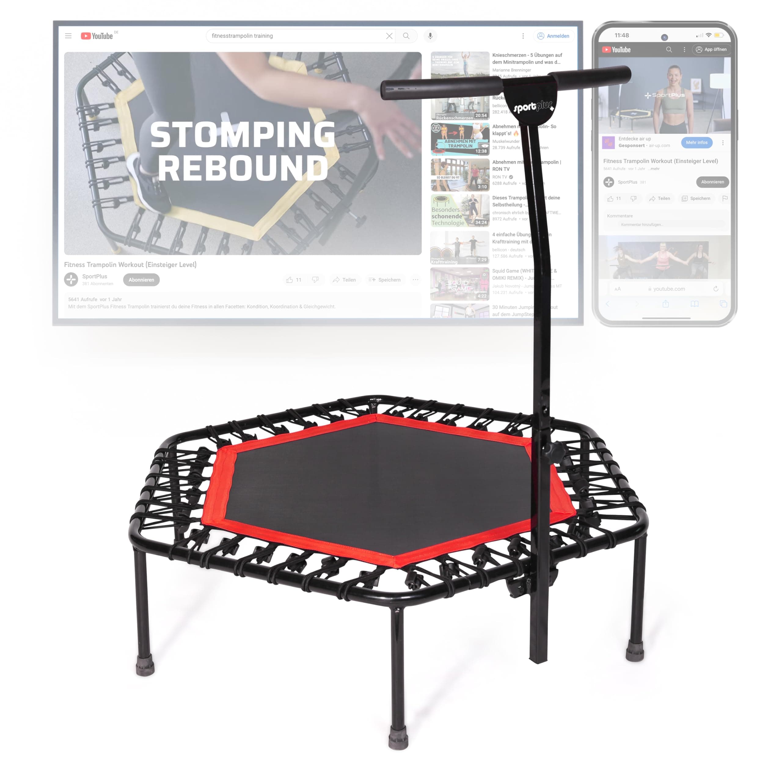 SportPlusFitness Trampoline with Bar – Ideal for Home Cardio Workout – Training – Silent Bounce - Ø 110 cm – Max Load 130 Kg (User Weight)
