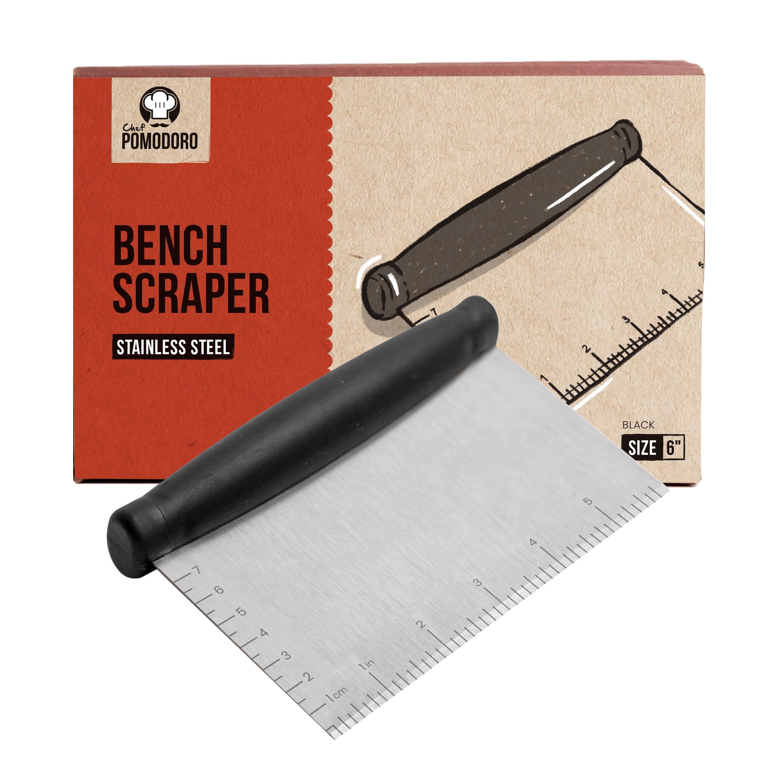 Stainless Steel Bench Scraper 15 cm with Measurements, Contoured Grip Dough Scraper, Dough Cutter, Bread Cutter, Pastry Knife, Essential Kitchen Baking Tools for Cooking Food