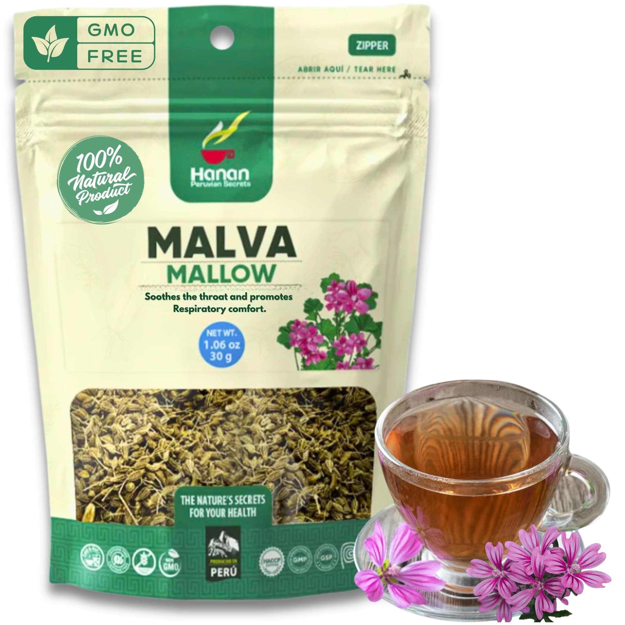 Hanan Mallow Tea Loose Leaf - Te de Malva 30g Herbal Tea Dried Malva Sylvestris Plant Leaves from Peru 1.1oz