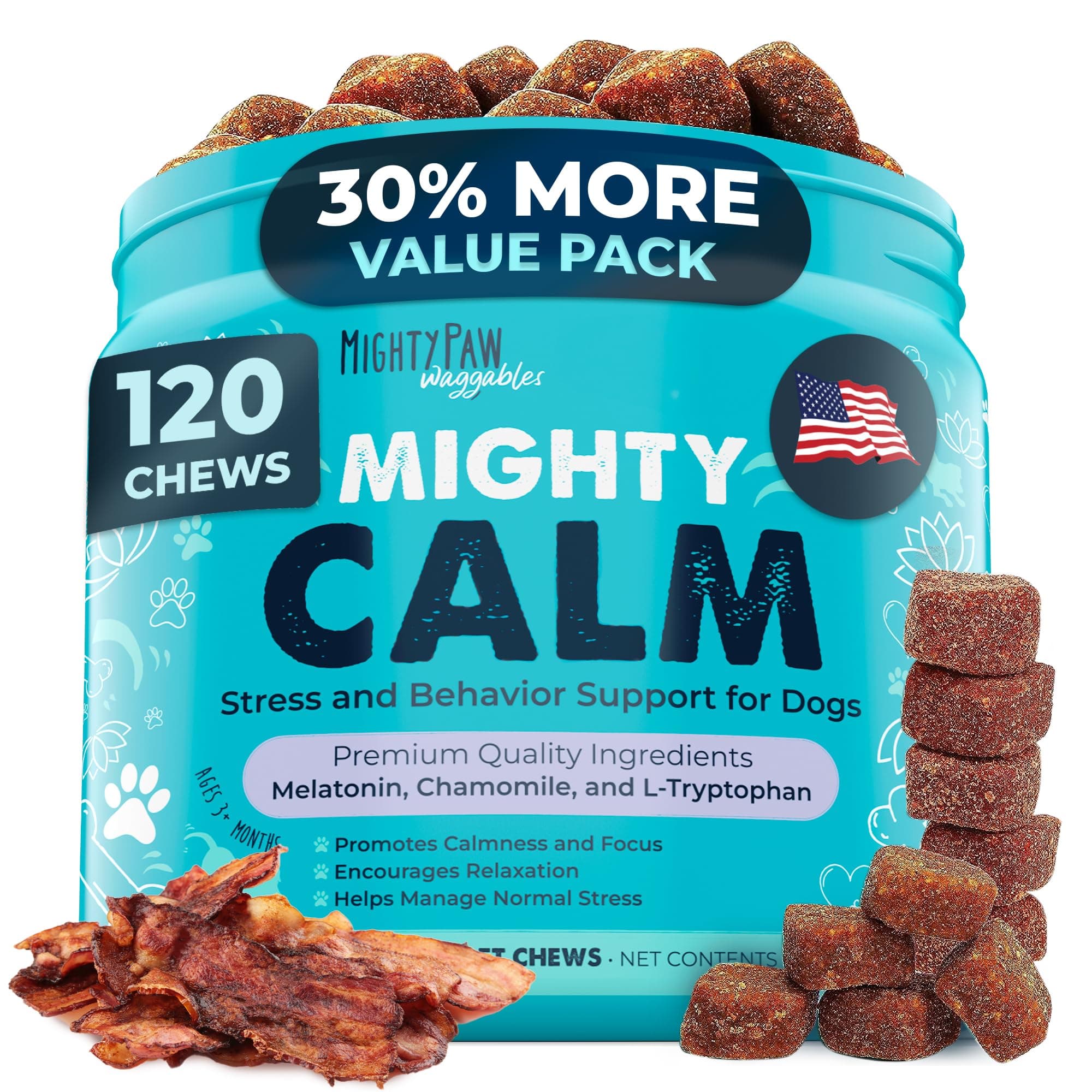 Mighty Paw Waggables Calm, Calming Chews for Dogs, Melatonin Dog Calming Treats for Normal Stress & Separation. Dog Sleep Aid & Calming Treatments for Dogs