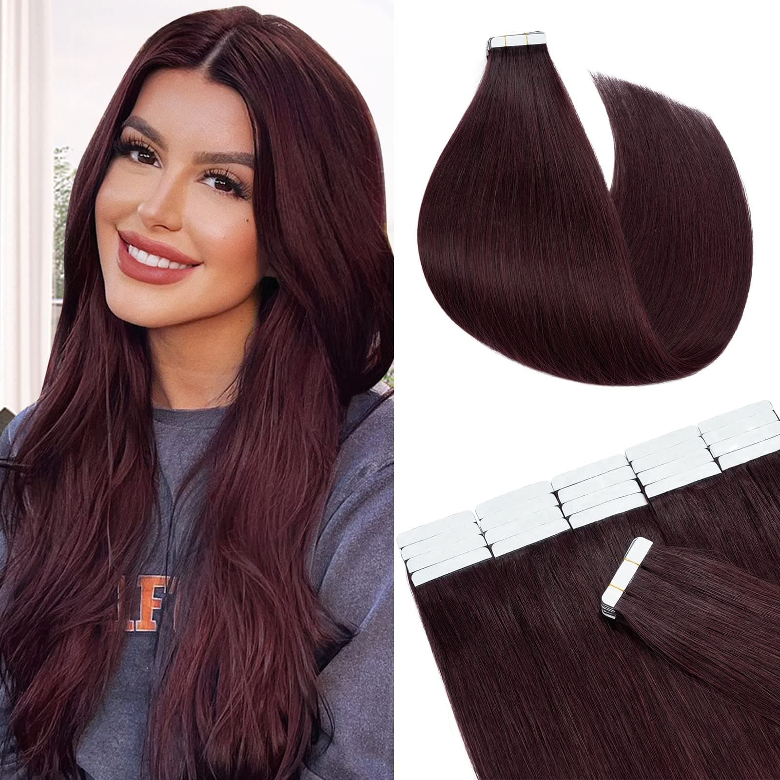 Tape in Hair Extensions 16in 100% Real Remy Human Hair Straight Invisible Skin Weft 10 Pcs 25g #99J Wine Red