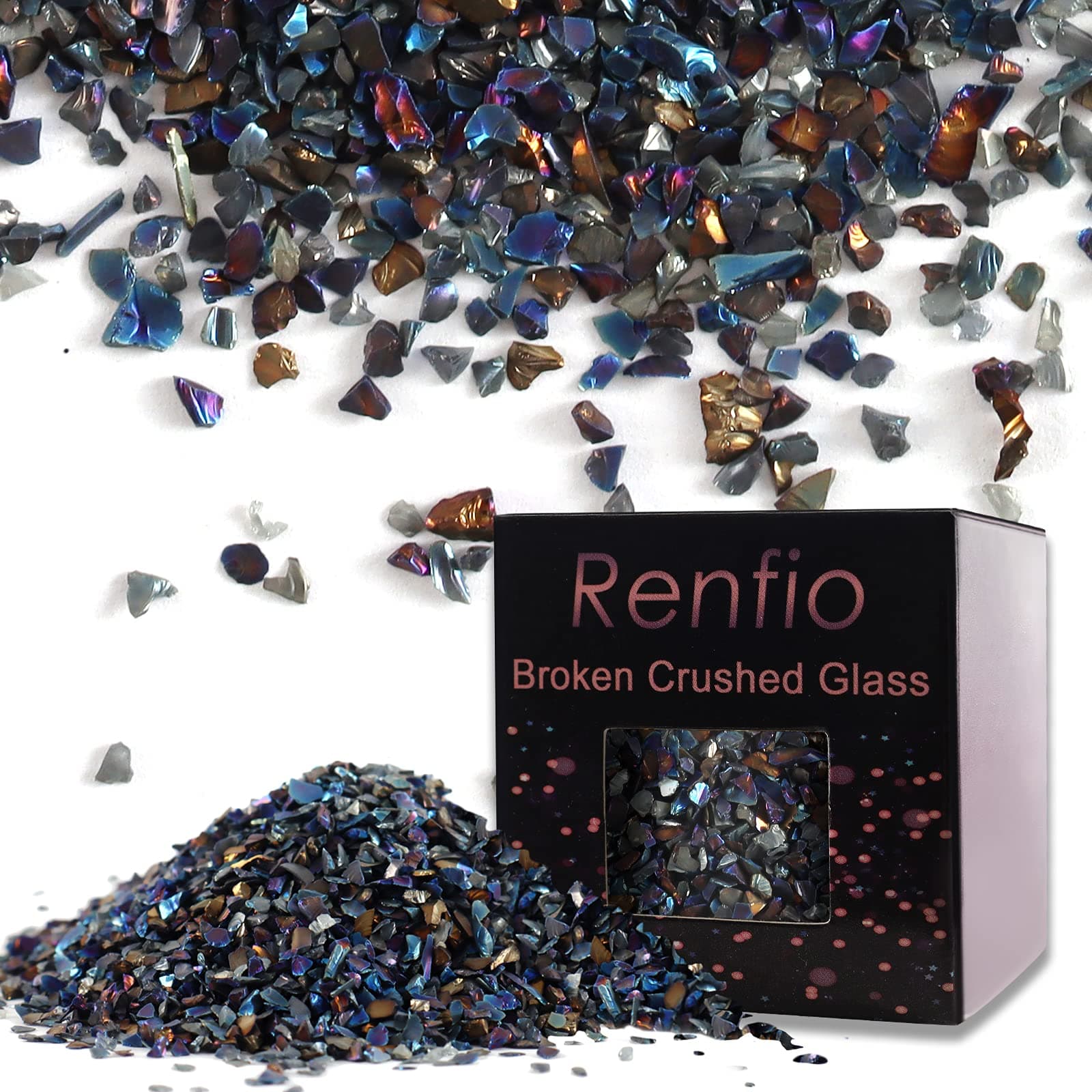 Renfio Broken Crushed Glass Glitter Shards Crush 2-4mm Irregular Small Metallic Chunky Chips 3.5 Oz (100g) High Luster Craft Sequins Gravel for DIY Phone Case Geode Resin Art Coasters Ornament - Black
