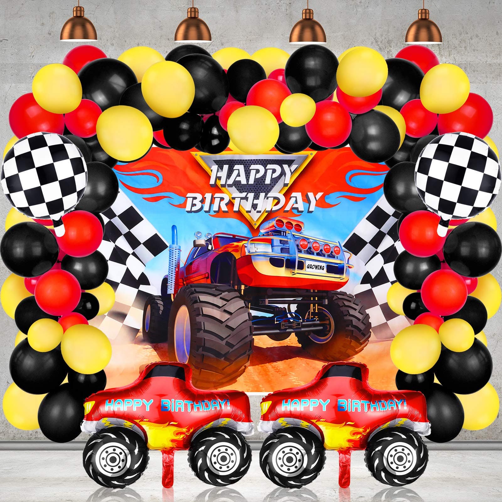 Sumind 75 Pieces truck Party Supplies truck Balloons Decoration Set Including 1 truck Themed Backdrop 2 truck Balloons 2 Mosaic Race Foil Balloons and 70 Multicolor Balloons