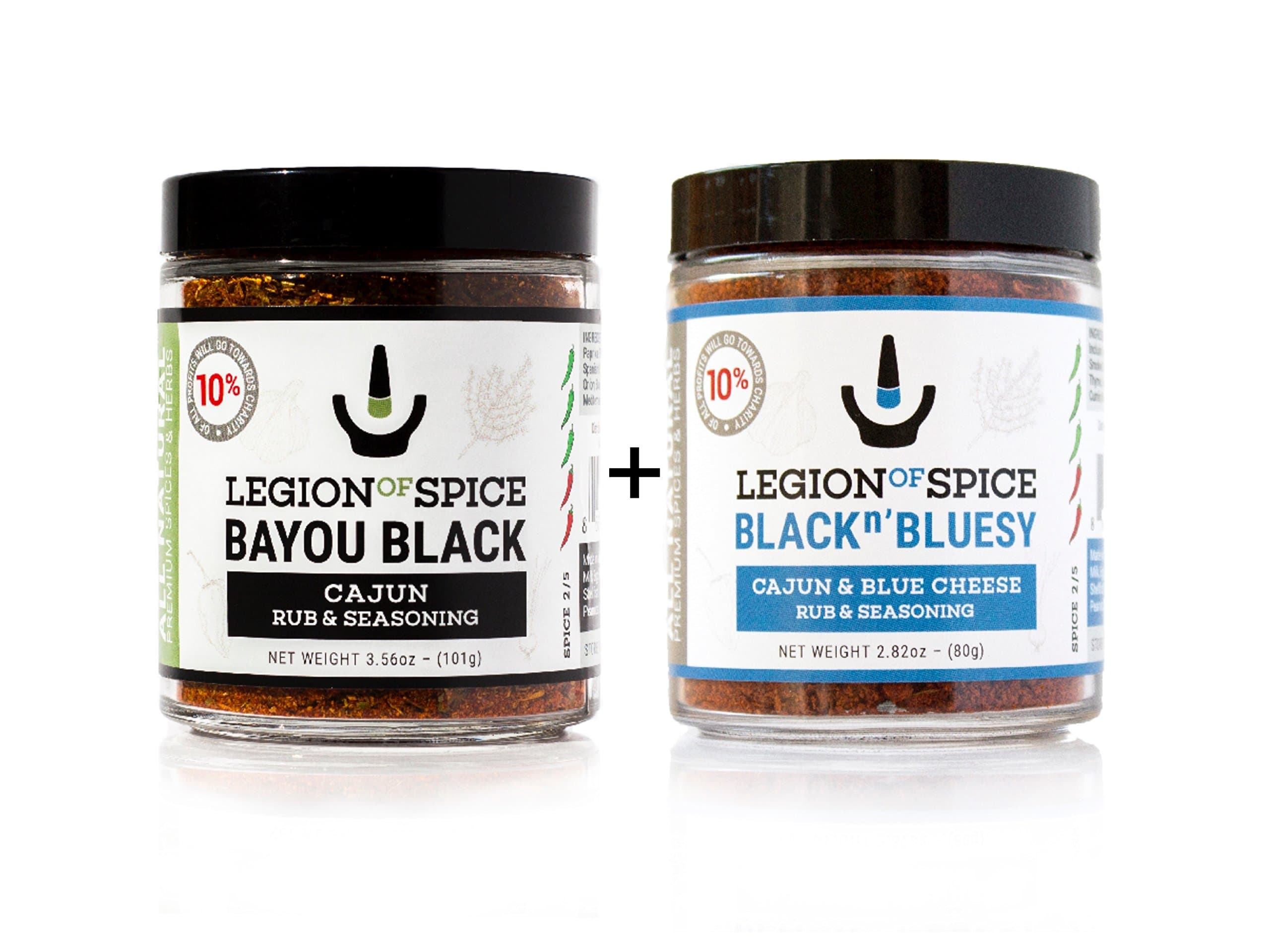 Legion Of Spice Bayou Black + Black N’ Bluesy Combo Pack - Premium Cajun Seasoning & Cajun + Blue Cheese Flavoring - Ideal For Meat, Vegetables, and Seafood - Organic Spices Set - Spices Gift