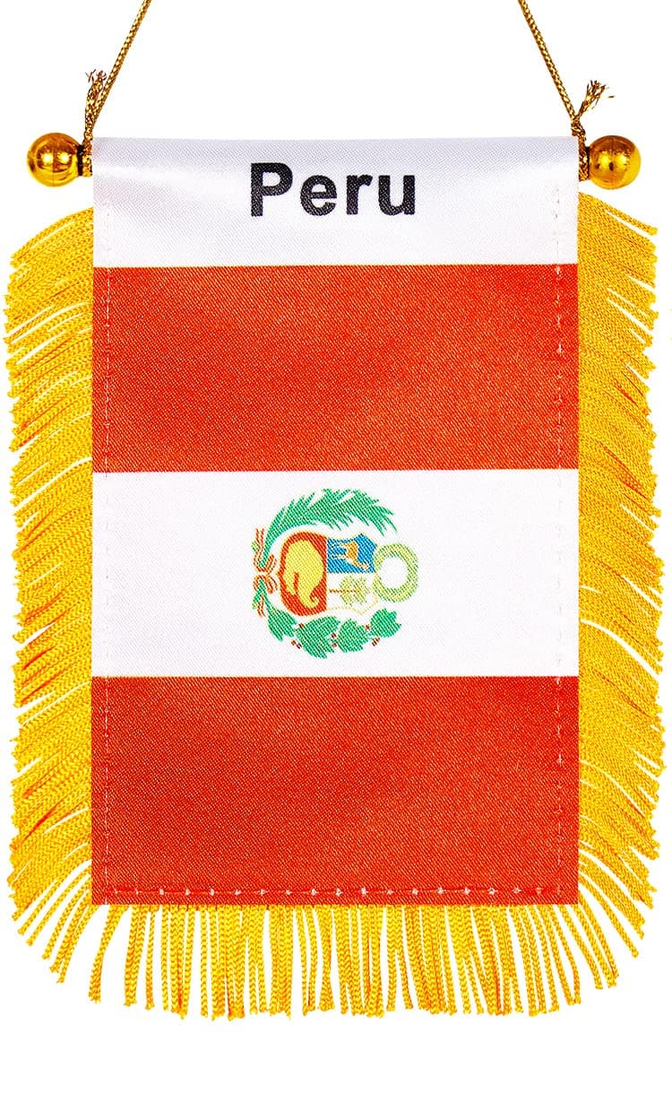 WXTWK 3 X 5 Inch Peru Flag Peruvian Window Hanging Flag Small Mini Car Flags Banners Rearview Mirror Decoration With Suction Cup Golden Fringy Banner