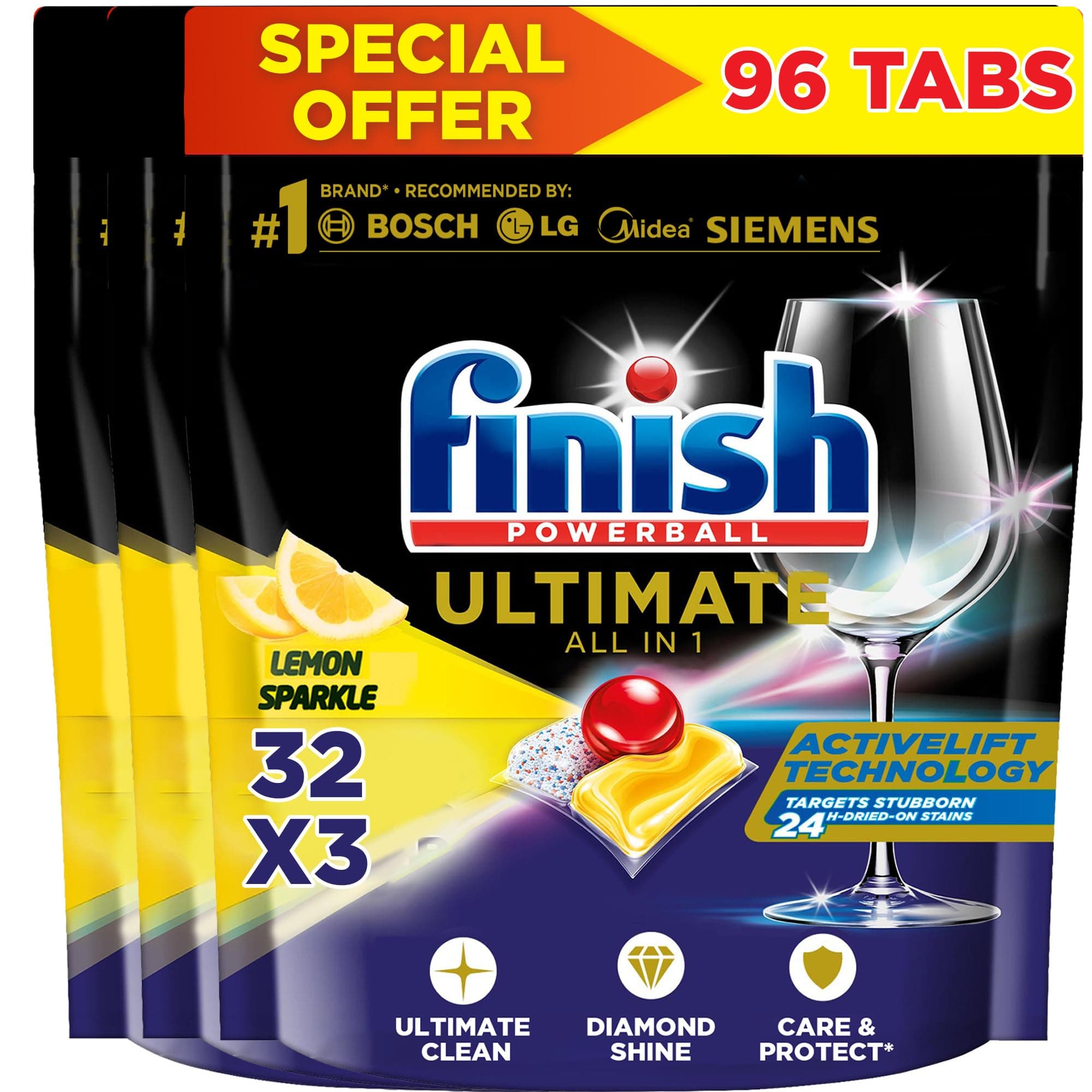 Finish Powerball Ultimate Dishwasher Detergent, Lemon Sparkle Scent, 32 Tabs x 3