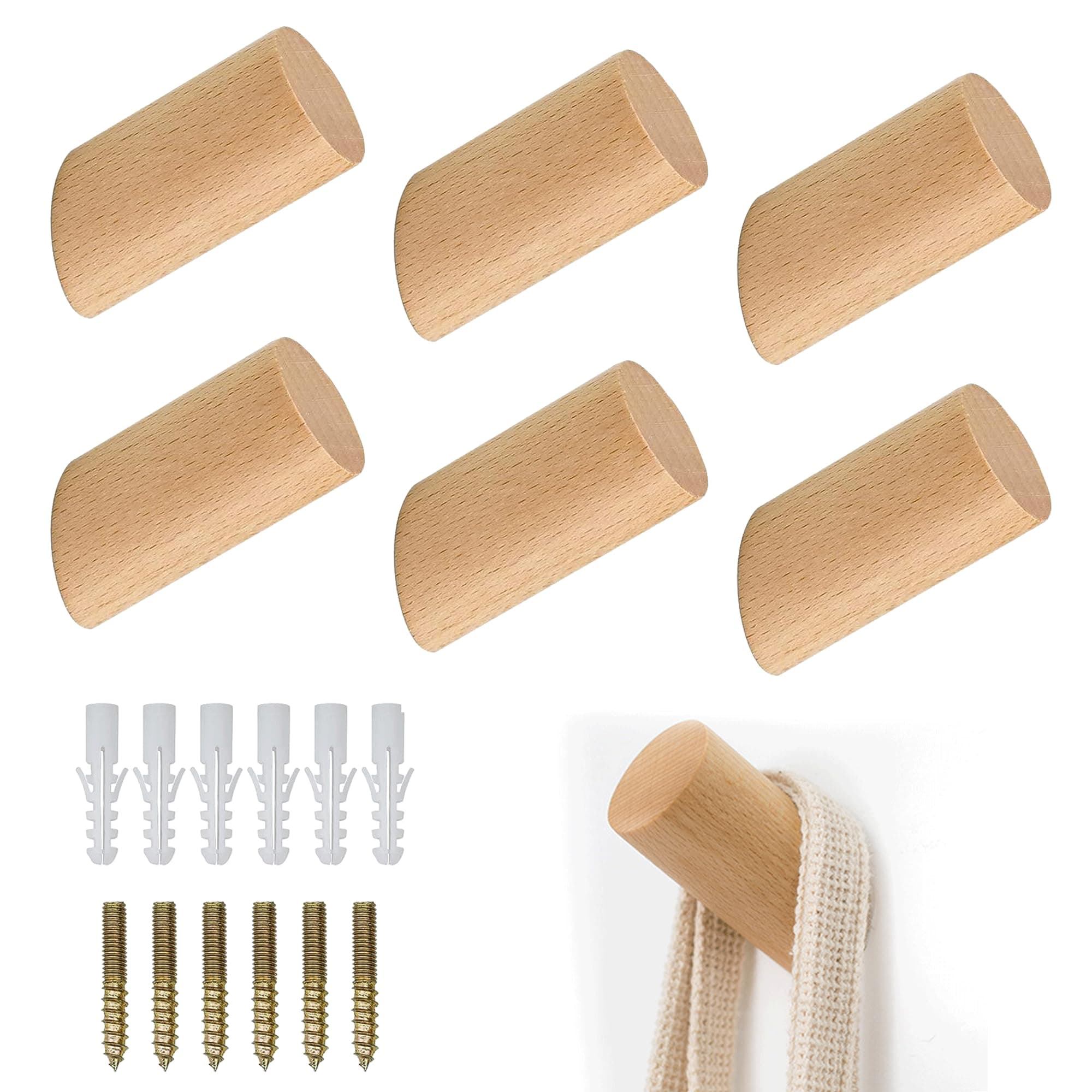 6 Pcs Wooden Coat Hooks, Hat Pegs, Hanger for Hanging Clothes, Scarves, Towel and Headphone in Bedroom, Living Room, Hallway - Maximum Load 15 kg