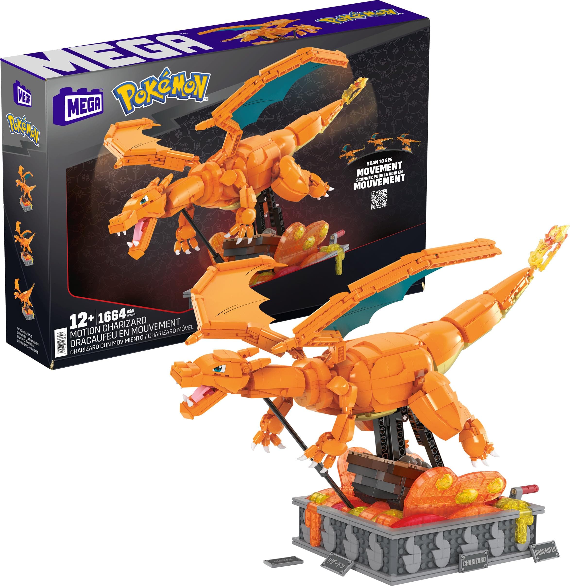 MEGA Pokémon Action Figure, Motion Charizard Pokemon, Building Toys for Kids and Adults, Collectible Character Model with 1664 Movable Pieces, 30 cm Tall, Toy for Ages 12 and Up, HMW05