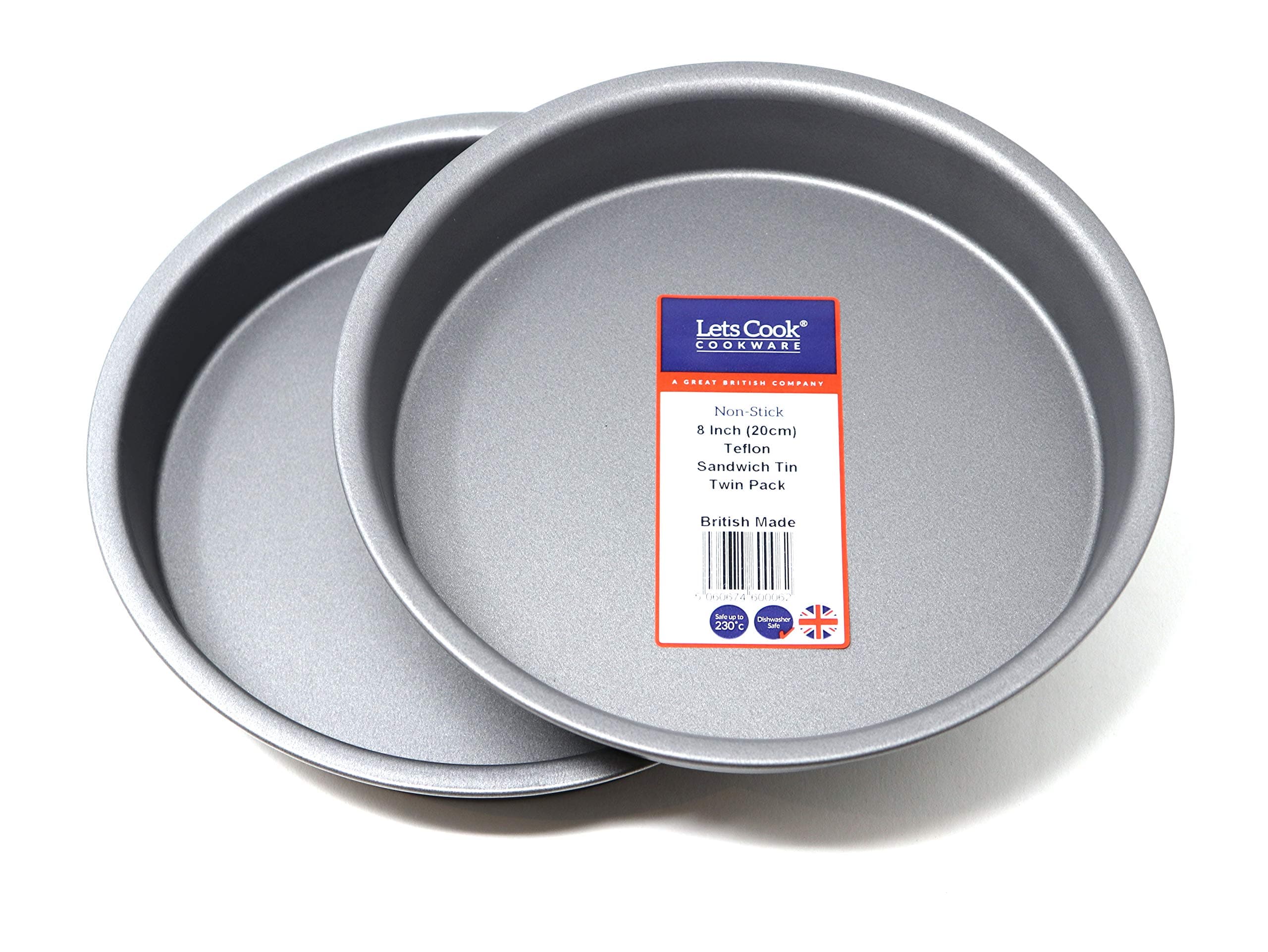 8 Inch Victoria Sandwich Tins, Twin Pack (Set of 2), Fixed Base, 20cm, Teflon Non Stick, British Made