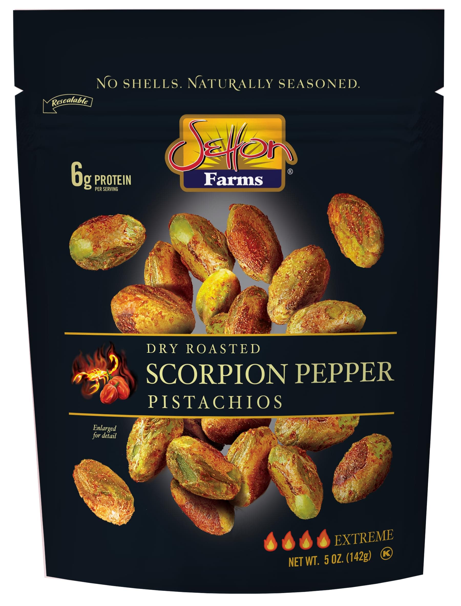 Setton Farms Pistachios, Scorpion Pepper Extreme Flavor, Naturally Seasoned, Dry Roasted No Shell, Non-GMO Project Verified, Gluten Free, Vegan, Kosher, 5 Oz