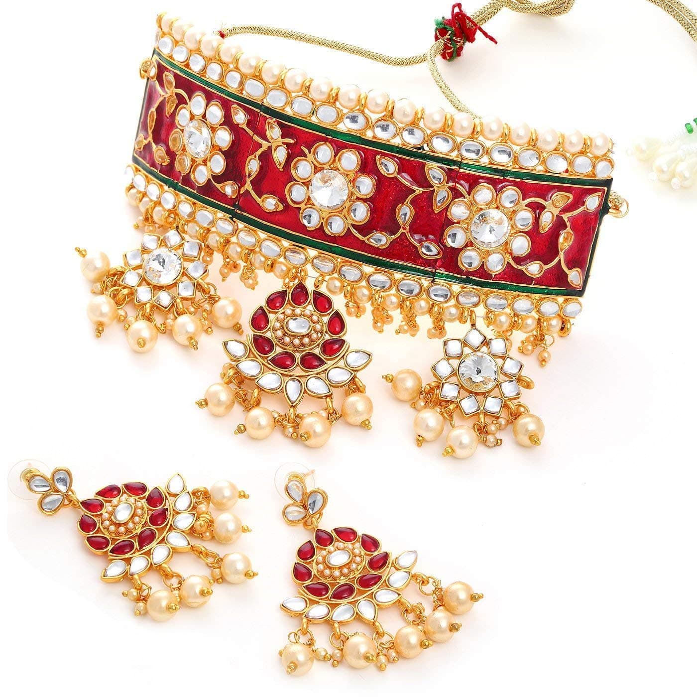 Crunchy FashionBollywood Traditional Indian Wedding Gold Plated Red Meena Hasli Set for women