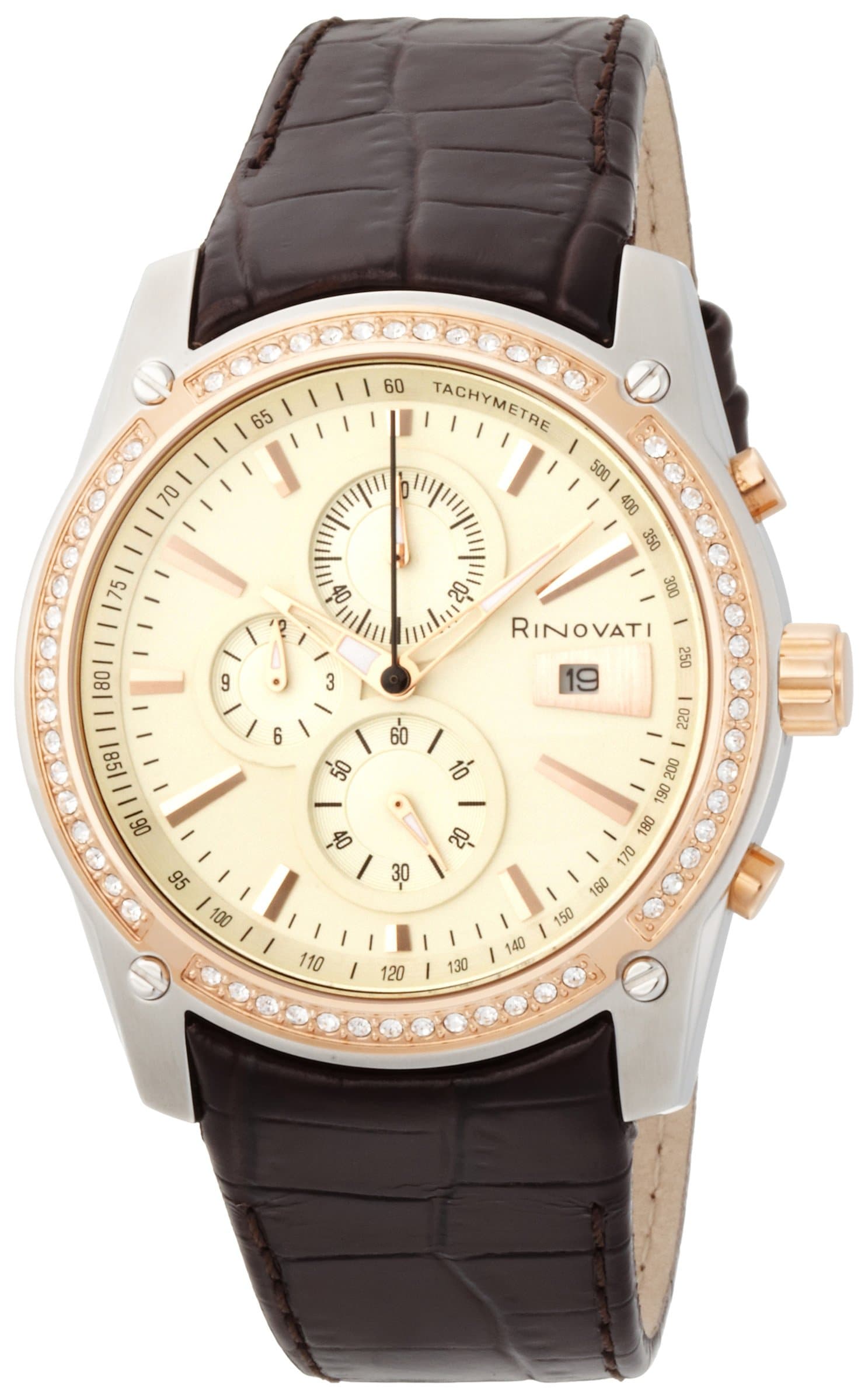 Rinovati Unisex RN0008 Stones 3 Eyes Chronograph Champagne Dial Brown Strap Watch