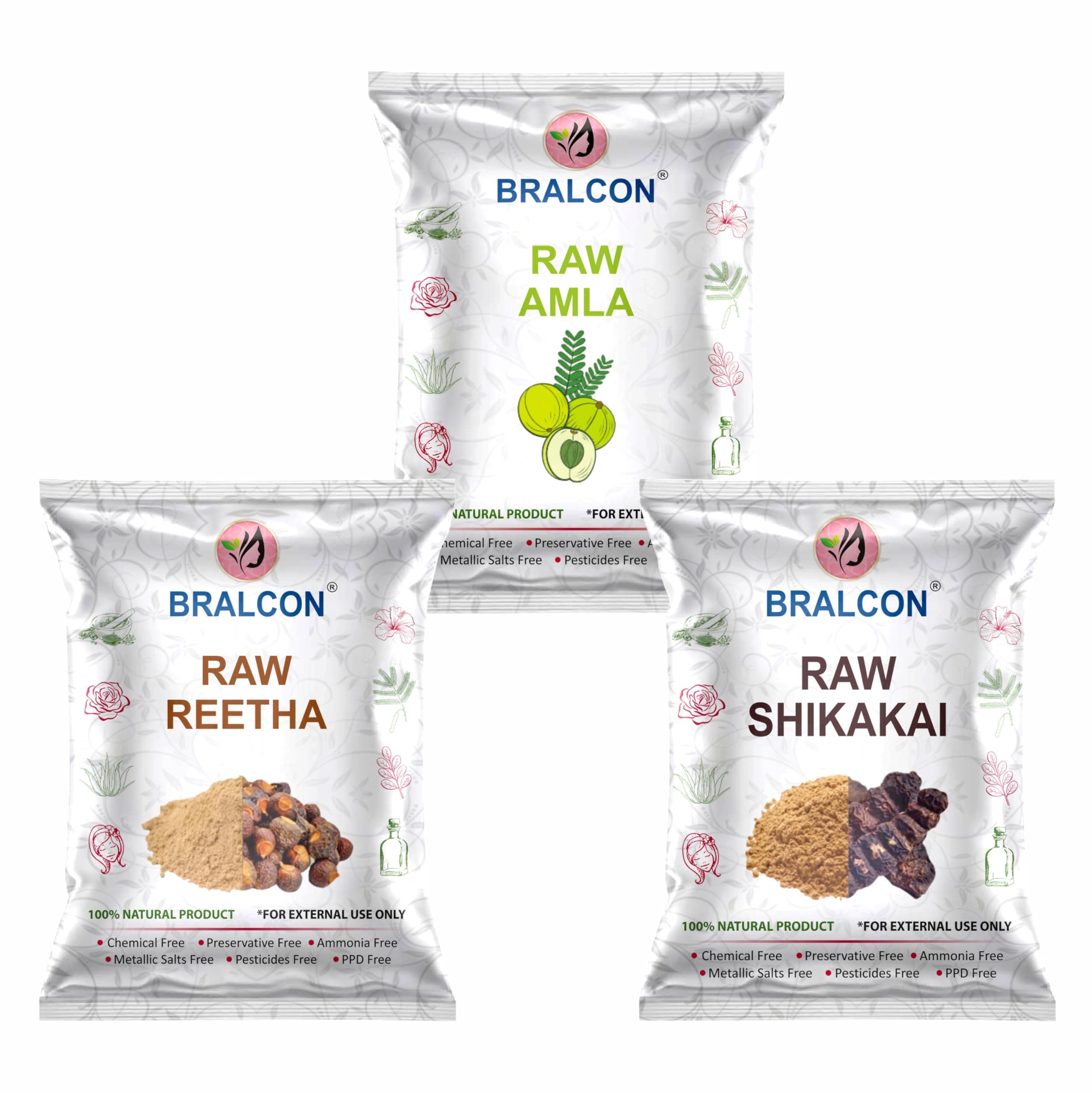 BRALCON Organic Raw Reetha, Amla, Shikakai Combo Pack- 300g(100g x 3 Pack)|100% Natural Whole Dried Soap pod, aritha nut, Sukha Awla for Hair & Skin