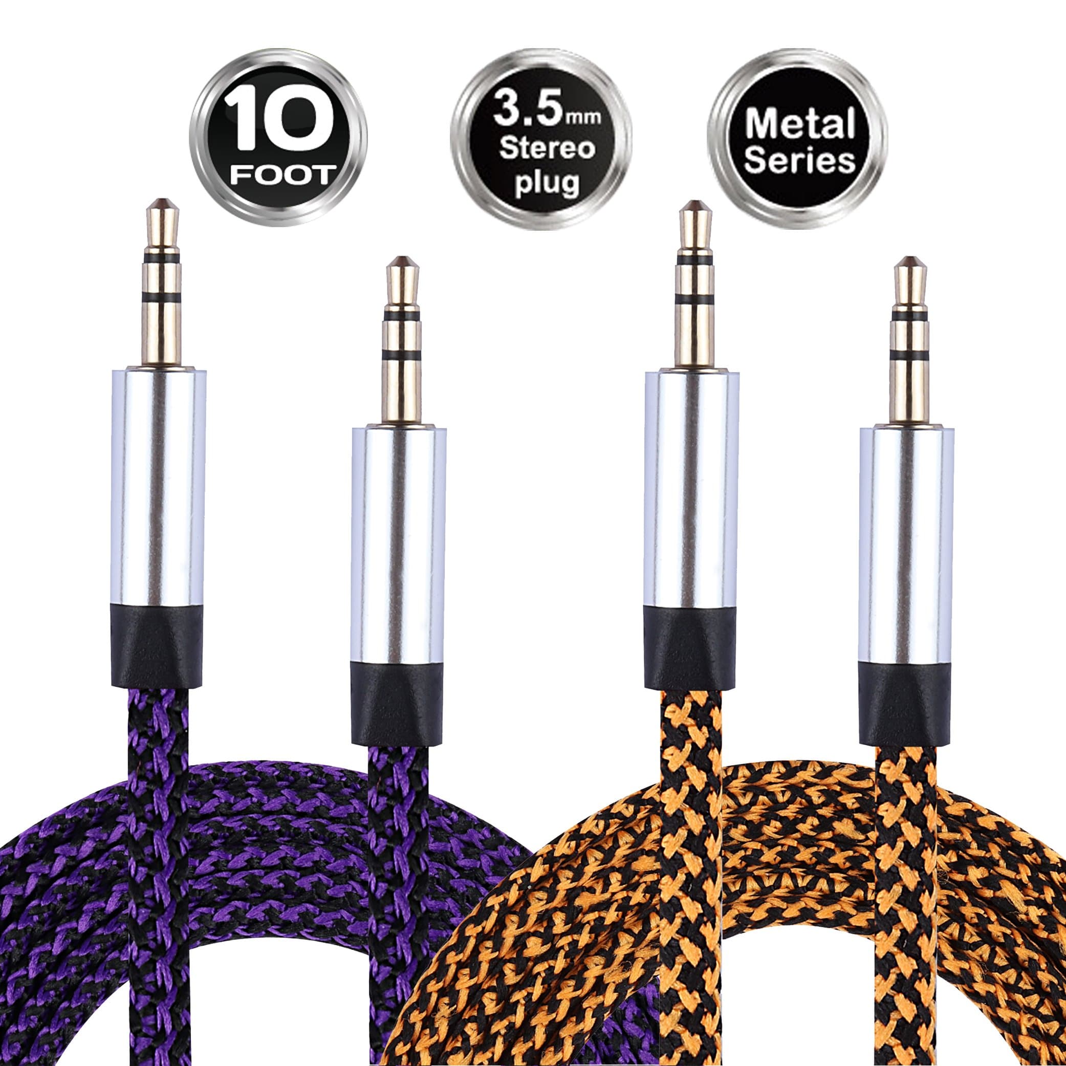 HelloEdge 10ft Stereo Audio AUX Cable Male to Male 3.5mm Nylon Braided Auxiliary Cable with Gold Plated Connectors for Apple, Android Smartphone, Tablet and MP3 Players (2 Pack) (Purple+Orange)