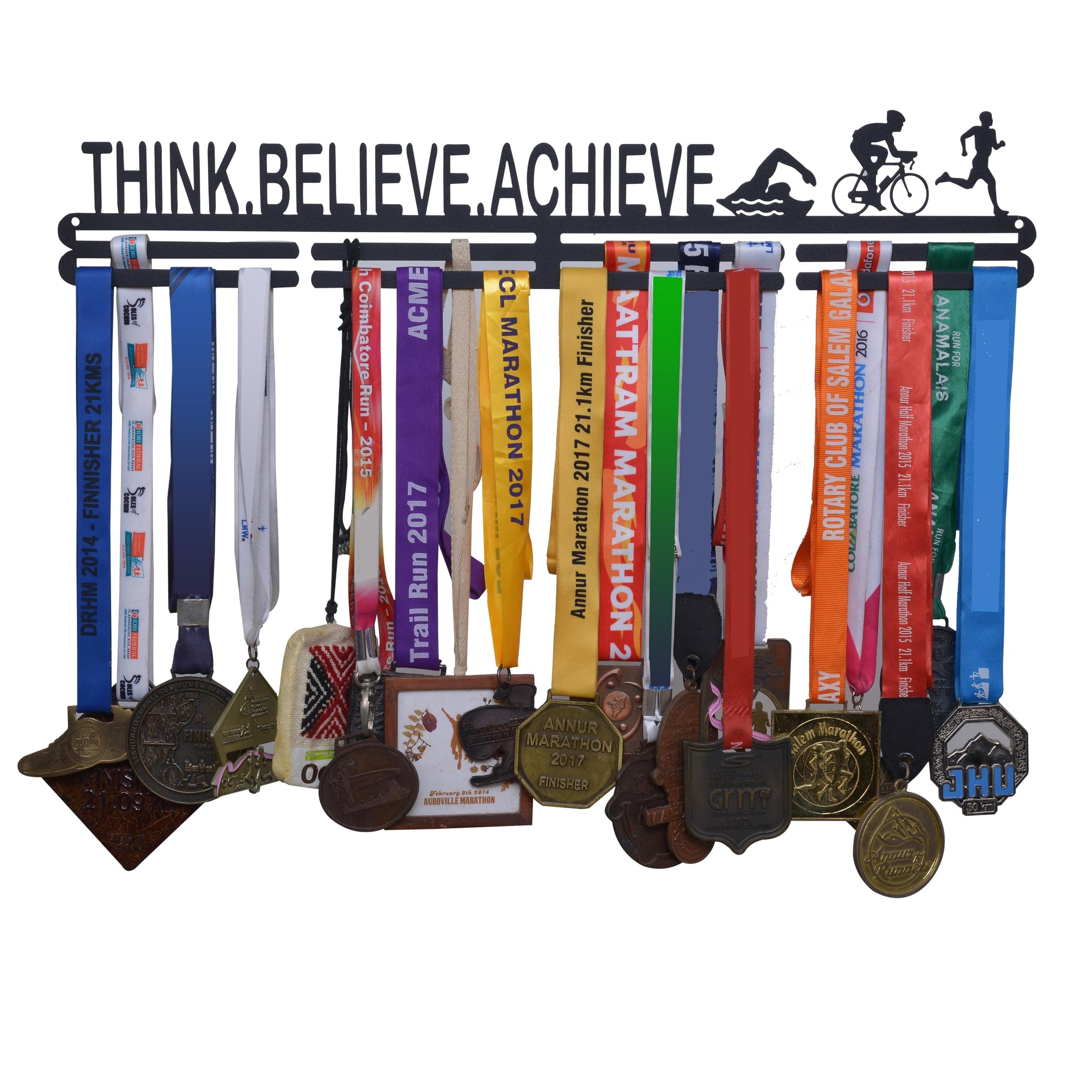 Think Believe Achieve Medal Hanger - Black Wall Medal Holder (56 cm x 9 cm) | Wall Medal Display for 40+ Medals. Medal Stand for Cycling, Swimming, Running, Triathlon.