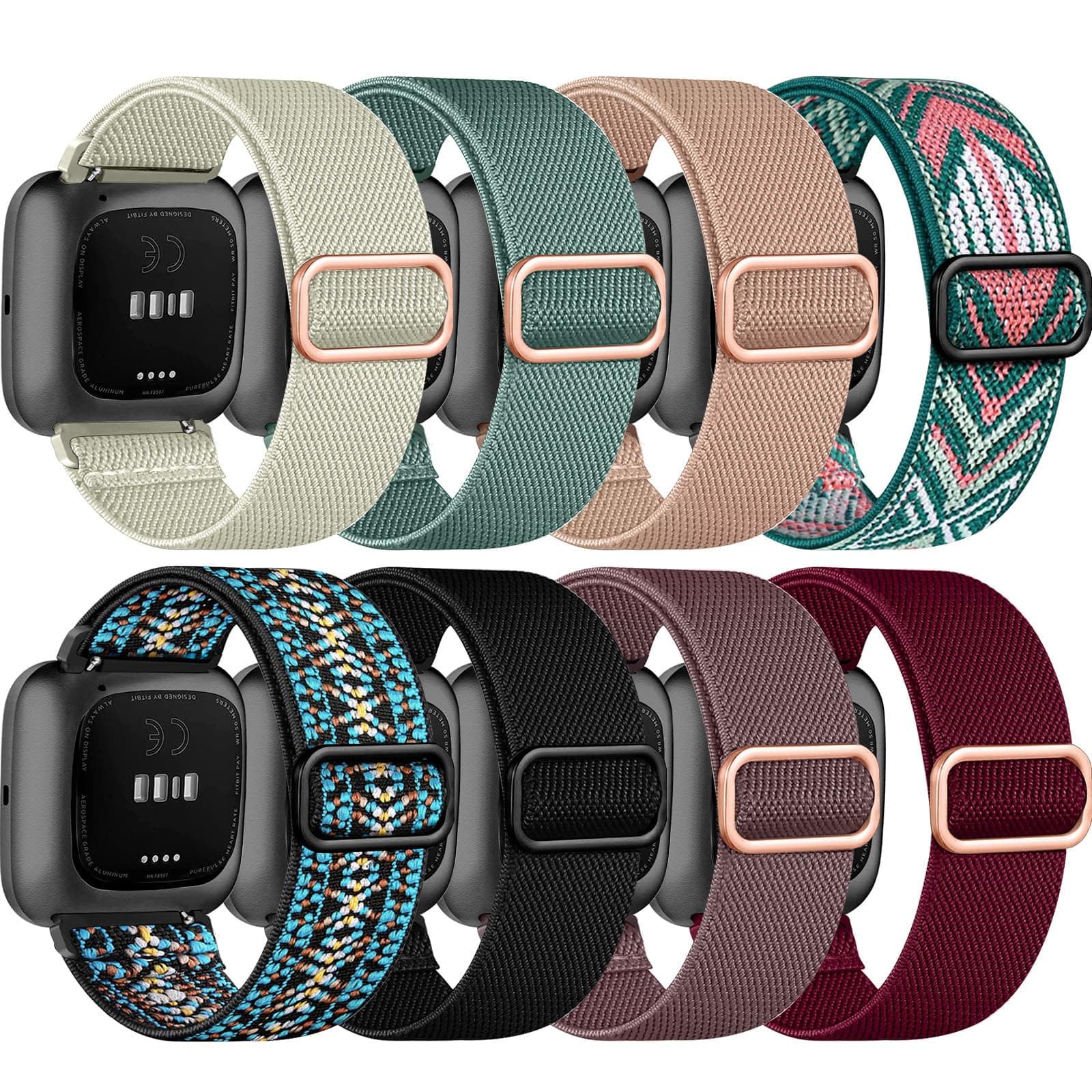8 Pack Elastic Bands Compatible with Fitbit Versa 2/Versa for Women Men, Adjustable Nylon Braided Strap Solo Loop Sport Replacement Wristband