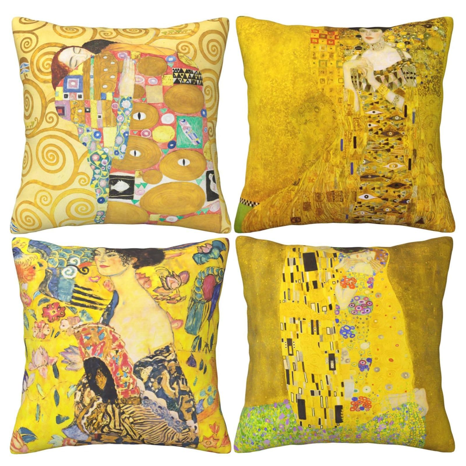 HOSTECCO Klimt Art Painting Cushion Covers 45x45 cm Pack of 4 Yellow Famous Art The Kiss Printed Pillow Covers Square Decorative Patterned Pillow Cases for Sofa Couch Bed