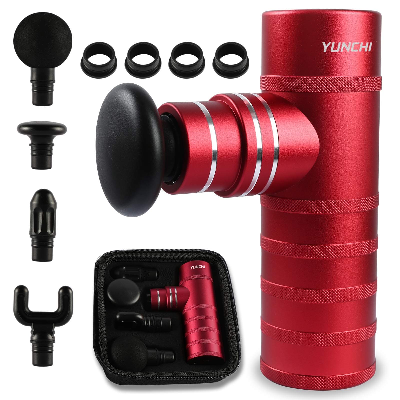 Mini Massage Gun Deep Tissue Massager – YUNCHI X3 Portable Percussion Massager Drill for Pain Relief and Muscle Recovery – 4 Speeds, 4 Interchangeable Heads, Super Small & Quiet - Red