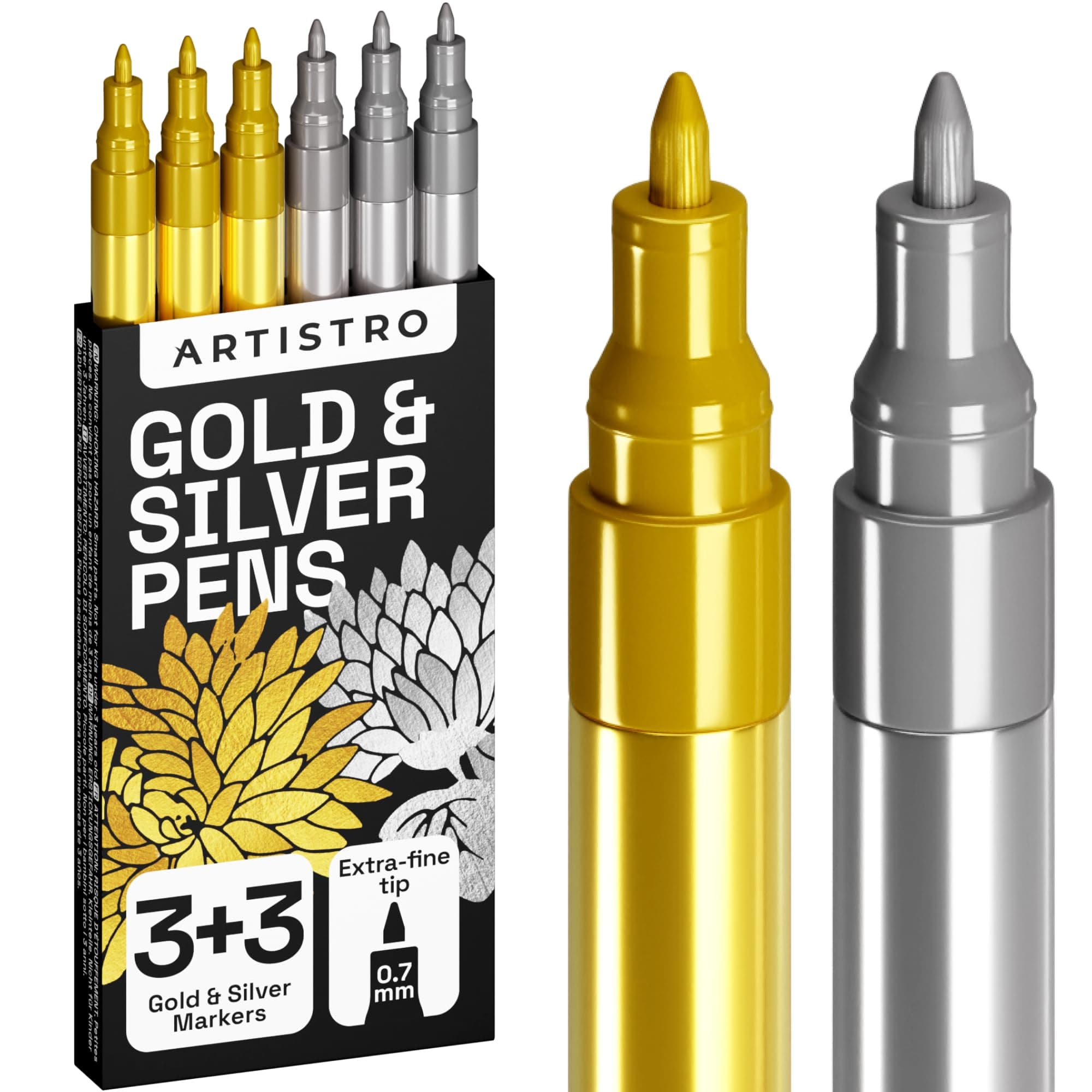 ARTISTRO 6 Gold & Silver Acrylic Paint Pens for Rock Painting, Stone, Ceramic, Glass, Wood, Tire, Fabric, Metal, Canvas - Set of 6 Paint Markers, Water-Based - Extra-Fine Tip