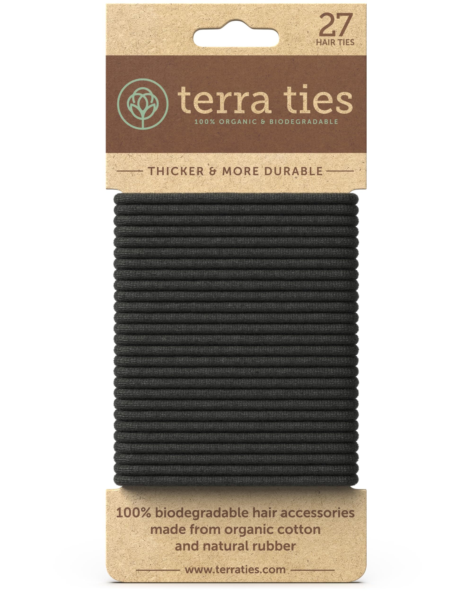 BIODEGRADABLE Elastic Hair Ties for Women & Men - Organic No Crease Black Hair Tie Ponytail Holders and Hairties for Buns - Plastic Free Hairbands for Women and Mens Hair - 5mm (27 count)