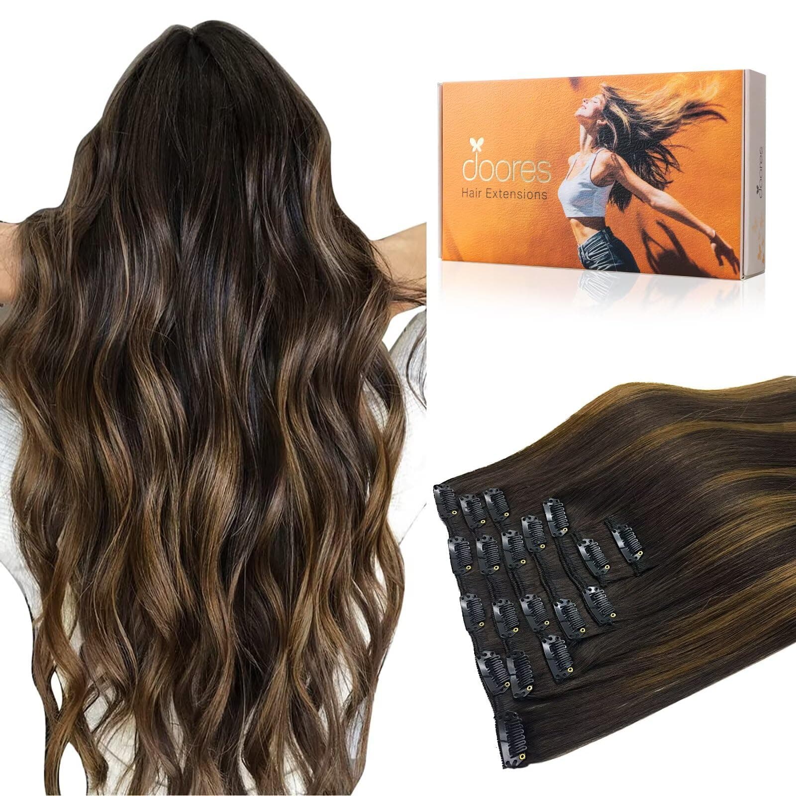 DOORES Clip in Hair Extensions - Real Human Hair, Balayage Dark Brown to Chestnut Brown, 12 Inch, 7pcs, 80g, Natural Straight Hair