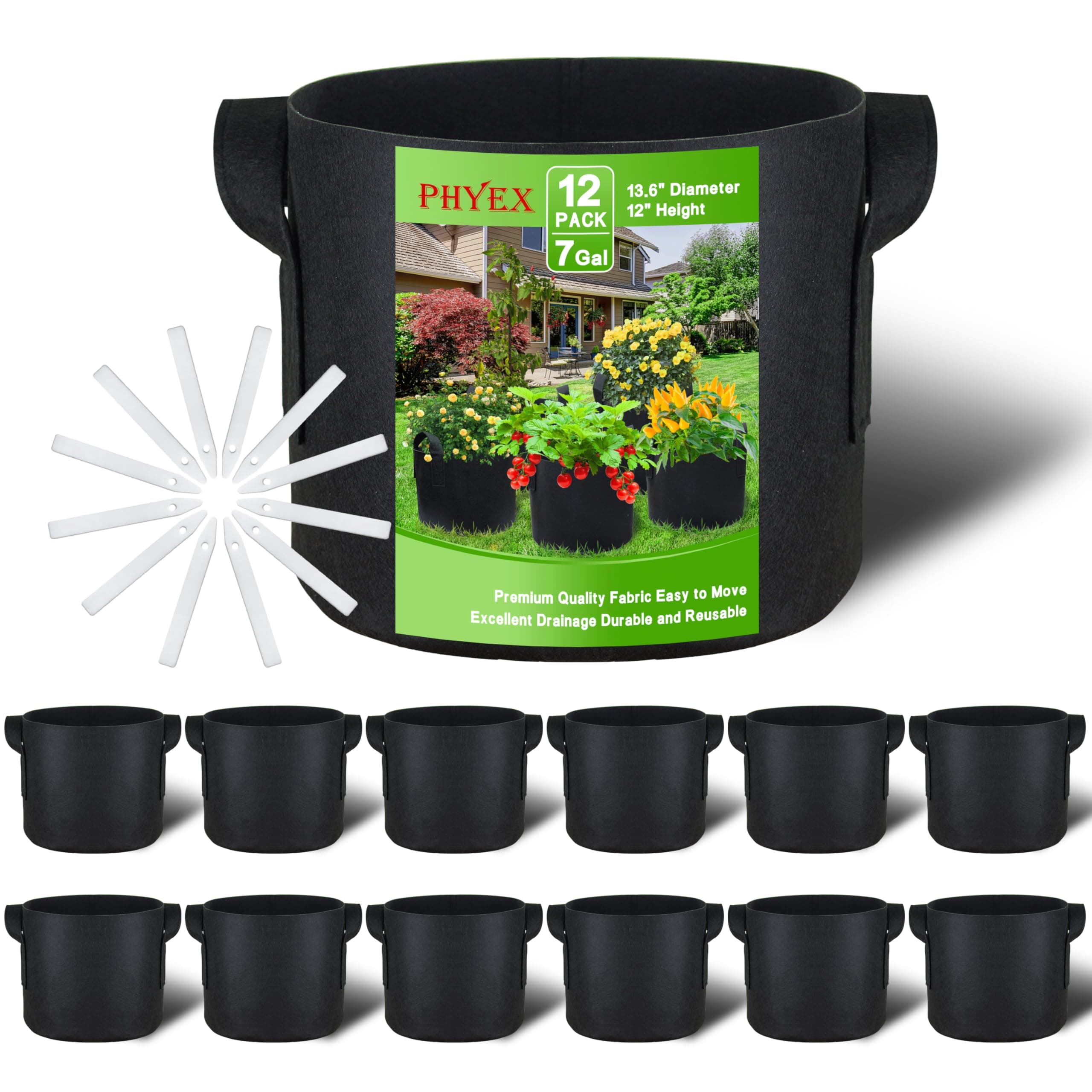 PHYEX 12-Pack 7 Gallon Grow Bags, Heavy Duty Fabric Pots with Handles, Reusable Plant Bags for Vegetable, Herbs & Flowers, BPA-Free, Breathable, Durable