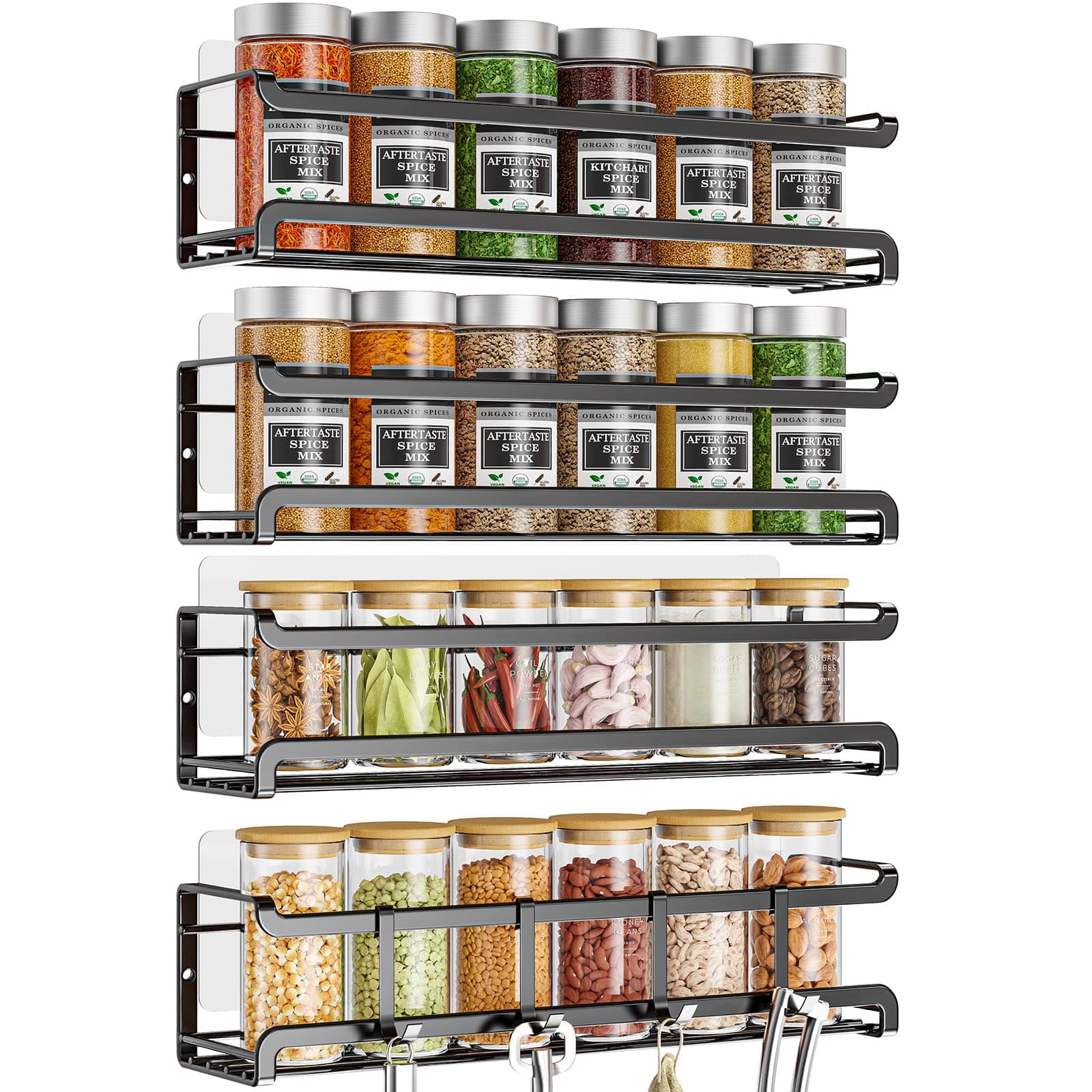 Spice Rack Wall Mounted 4 Pack,Space-Saving Spice Organizer for Spice Jars and Seasonings,Screw or Adhesive Hanging Spice Rack Organizer for Your Kitchen Cabinet,Pantry Door,11.41x2.75x2.75in