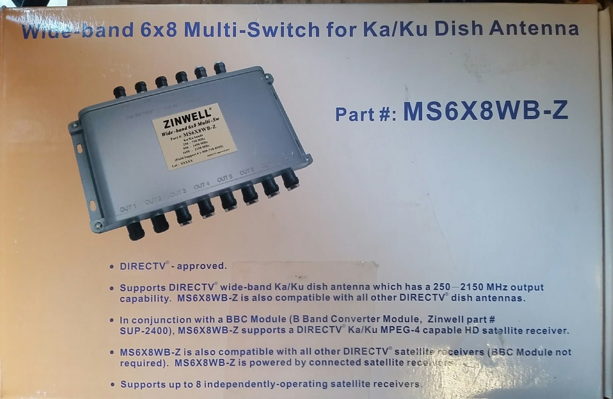 DirectTV Approved - Zinwell Wide-band 6x8 Multi-Switch for Ka/Ku Dish Antenna #MS6X8WB-Z