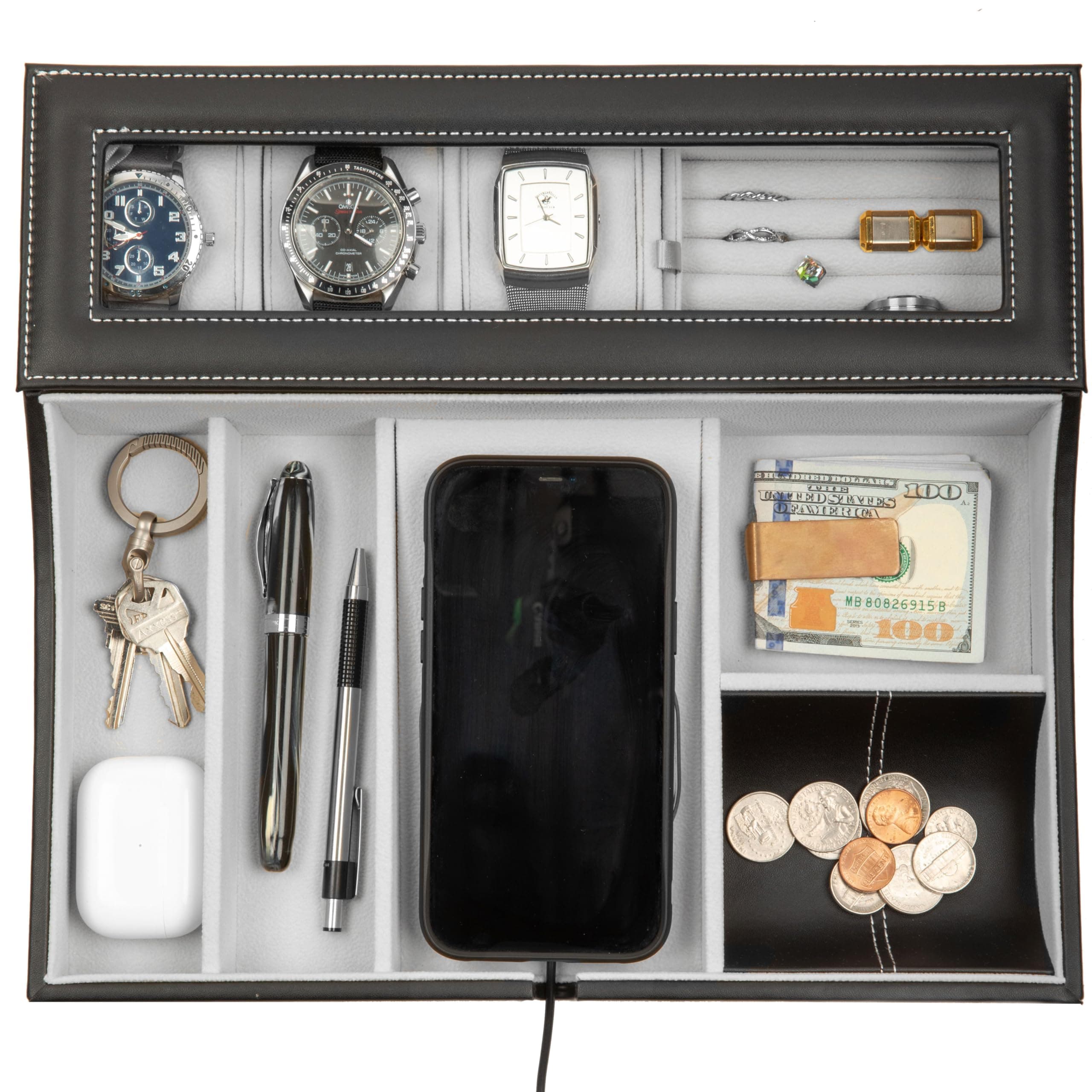 HOUNDSBAY Navigator Large Dresser Valet Tray & Mens Jewelry Box Organizer - Watch Box Organizer for Men with Angled Charging Station (Grey)
