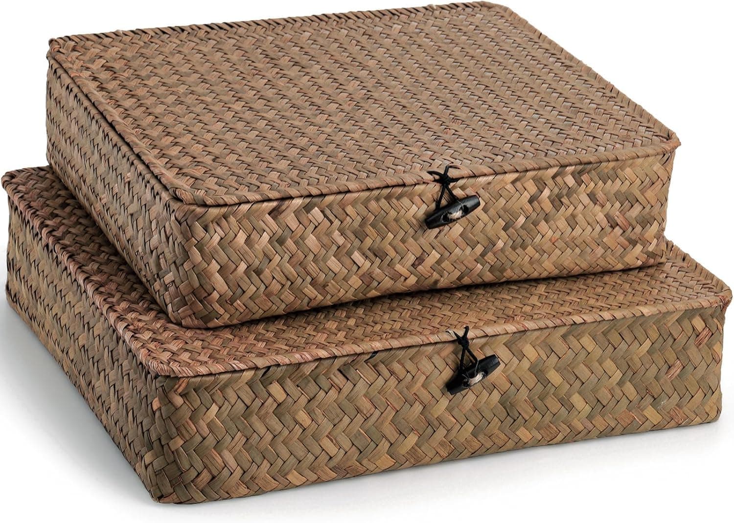 Elsjoy 2 Pack Seagrass Storage Box with Lid, Wicker Storage Baskets Flat Rattan Storage Bins, Woven Organizer Baskets for Shelf, Closet, Bedroom