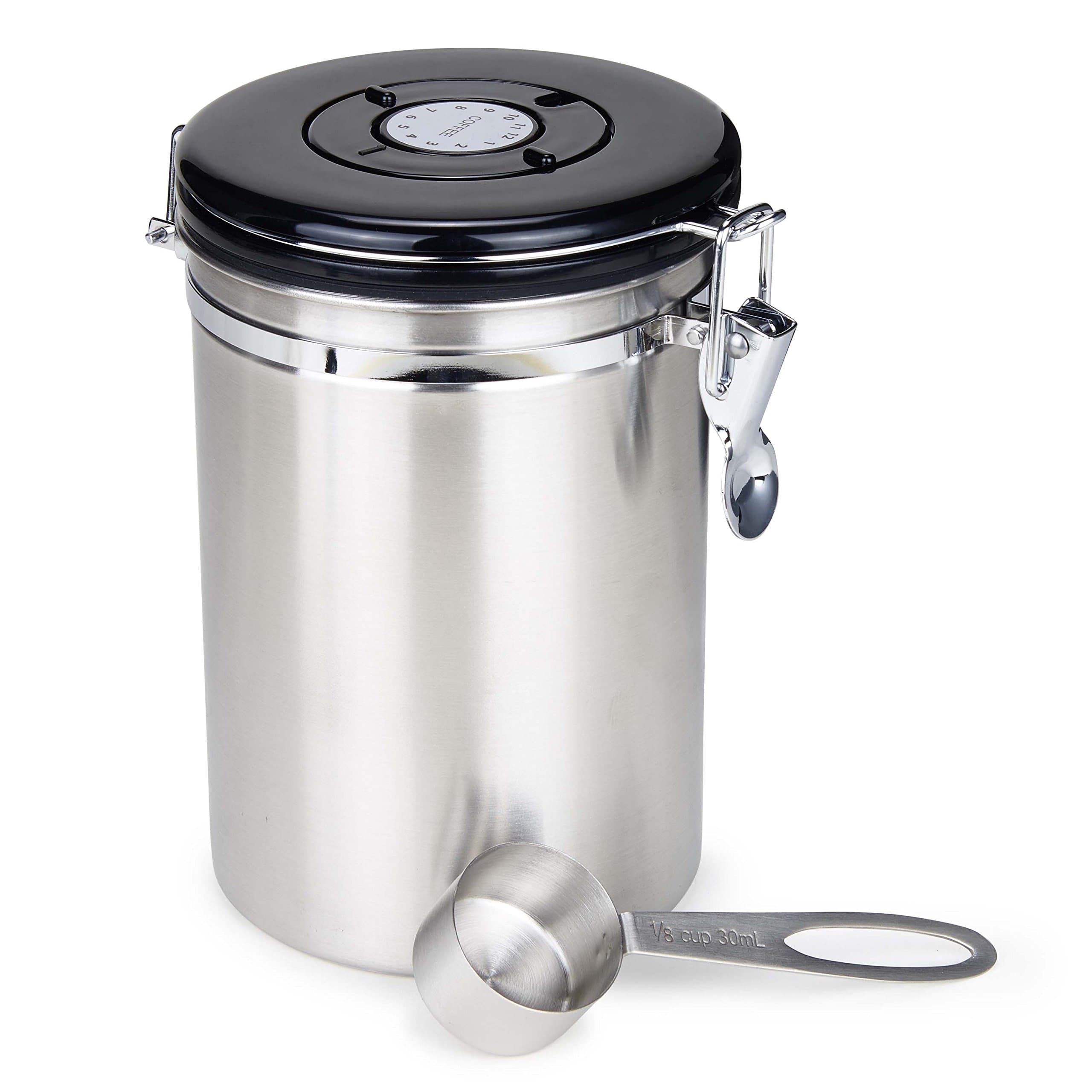 Moldiy Airtight Coffee Container, Stainless Steel Coffee Canister 21 oz with Scoop and CO2 Valve, Brushed Nickle Finshed