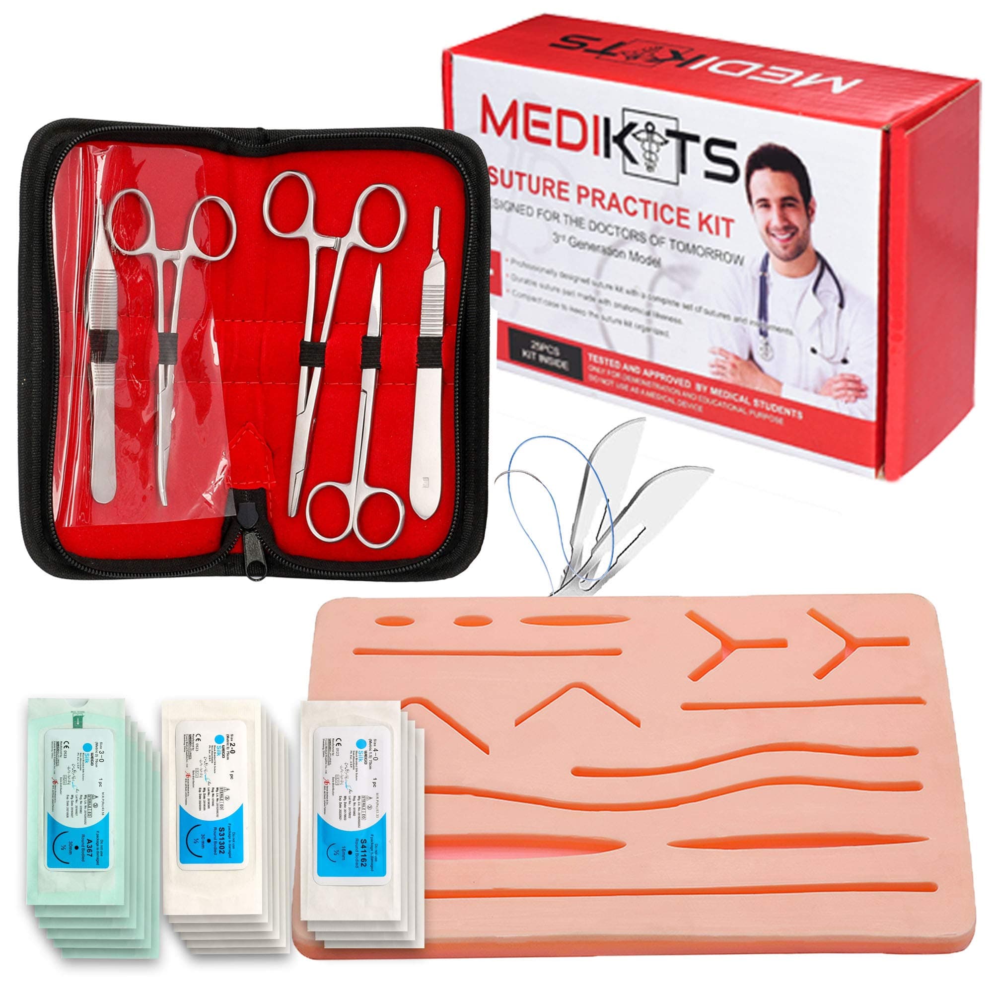 Medikits- Complete Suture Practice Kit for Suture Training, Including Large Silicone Suture Pad with Pre-Cut Wounds and Suture Tool kit (25 Pieces)(Demonstration and Education Use Only)