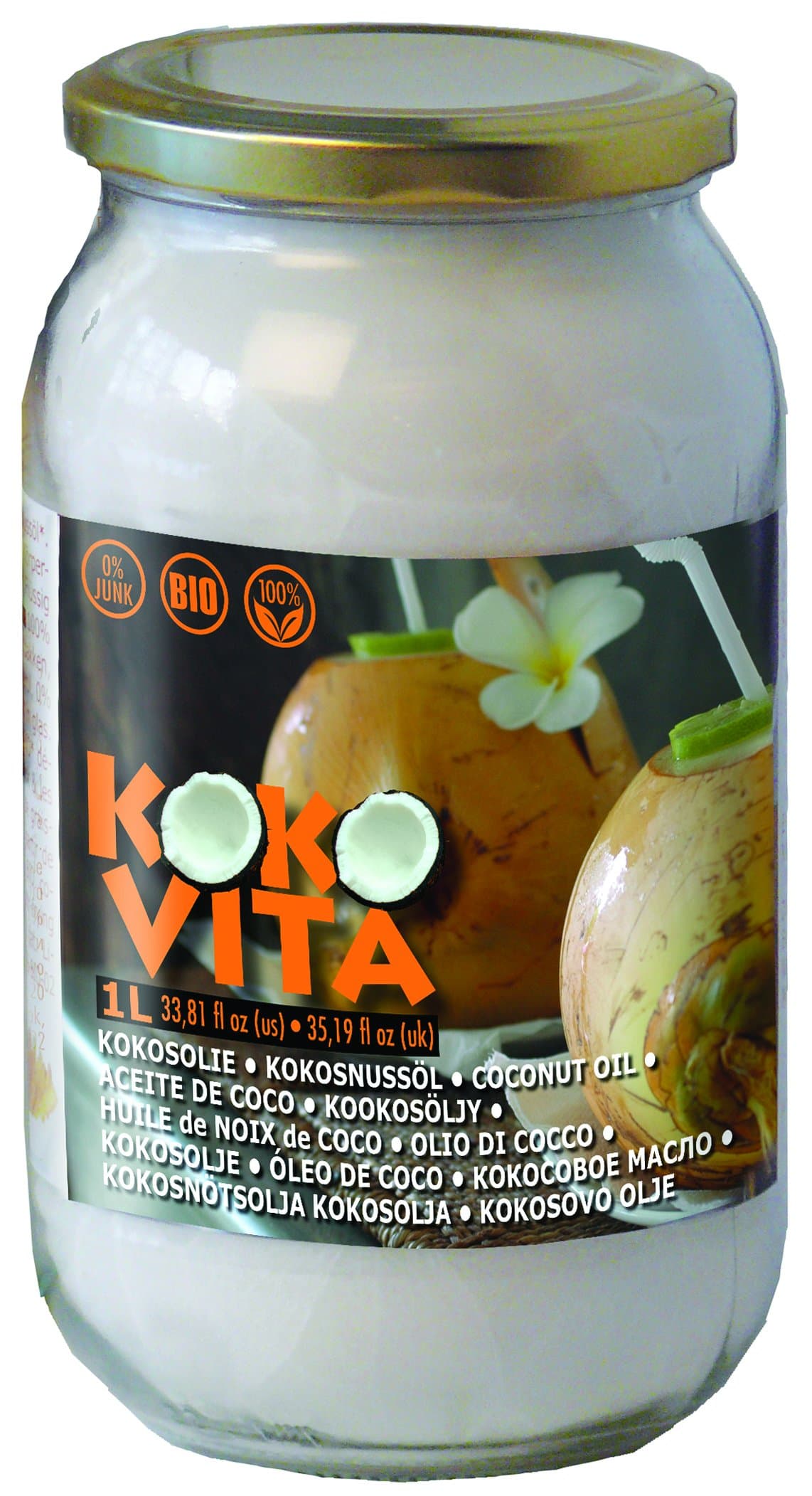 Kokovita 100% organic coconut oil - steam-distilled, not refined, not bleached 1L - 33.81fl oz