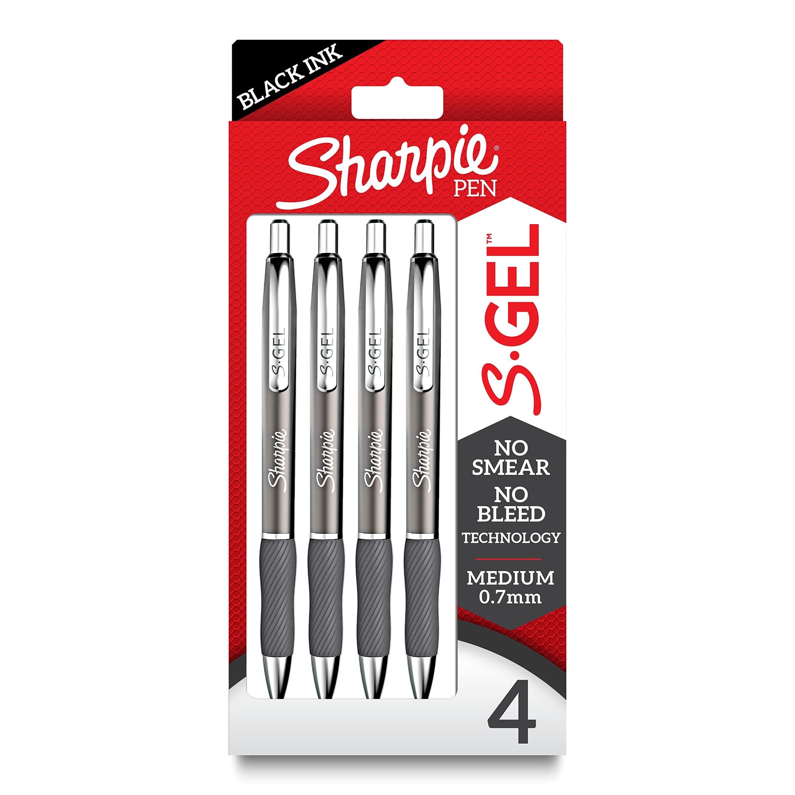 Sharpie S-Gel Gel Pens Sleek Metal Barrel Gunmetal Medium Point (0.7mm) Black Ink 4 Count
