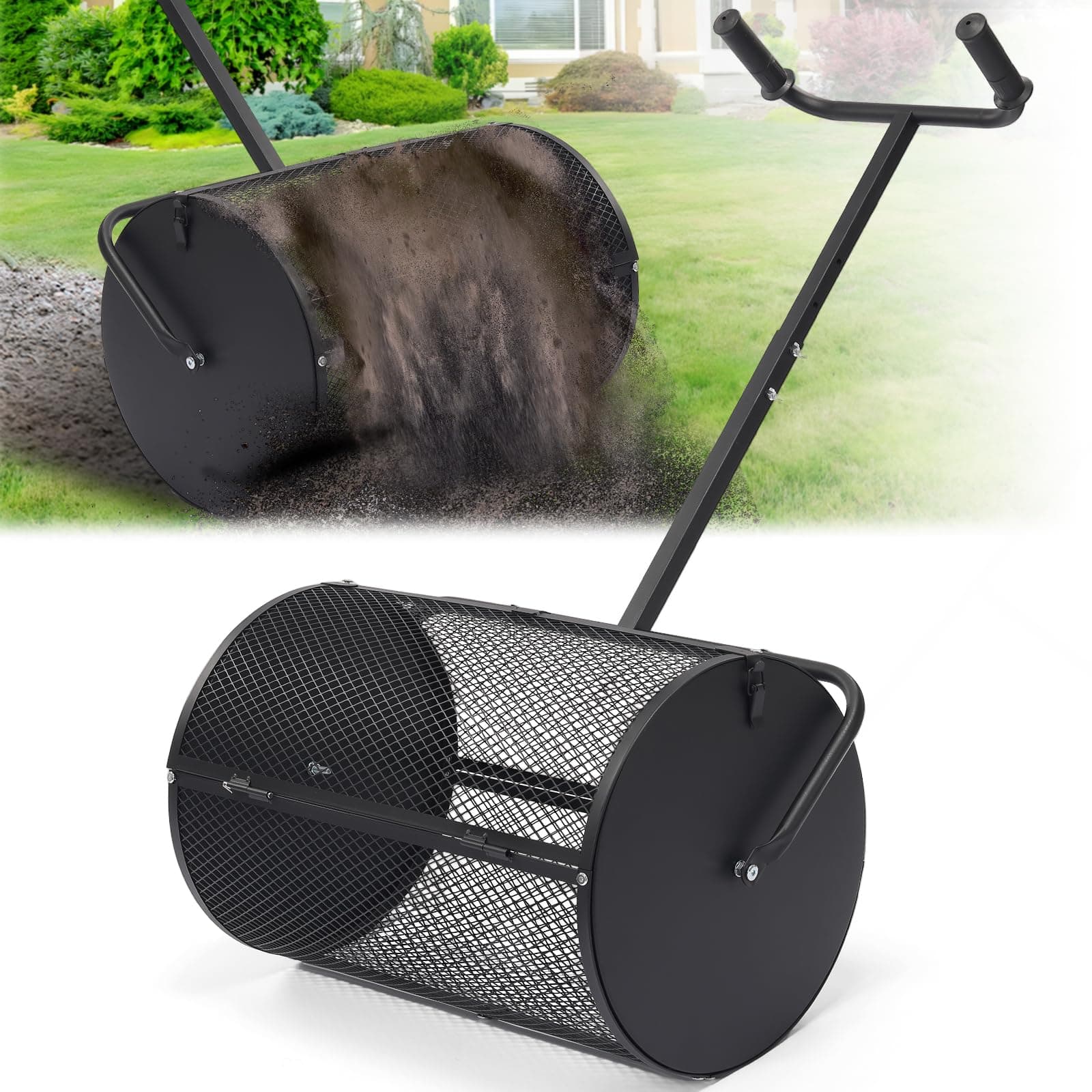 Compost Spreader, 24.1 inch Peat Moss Spreader with Adjustable U-Shaped Handle, Heavy Duty Metal Fertilizer Spreader Roller for Lawn Top Soil, Top Dressing, Seedling, Mulch, Manure