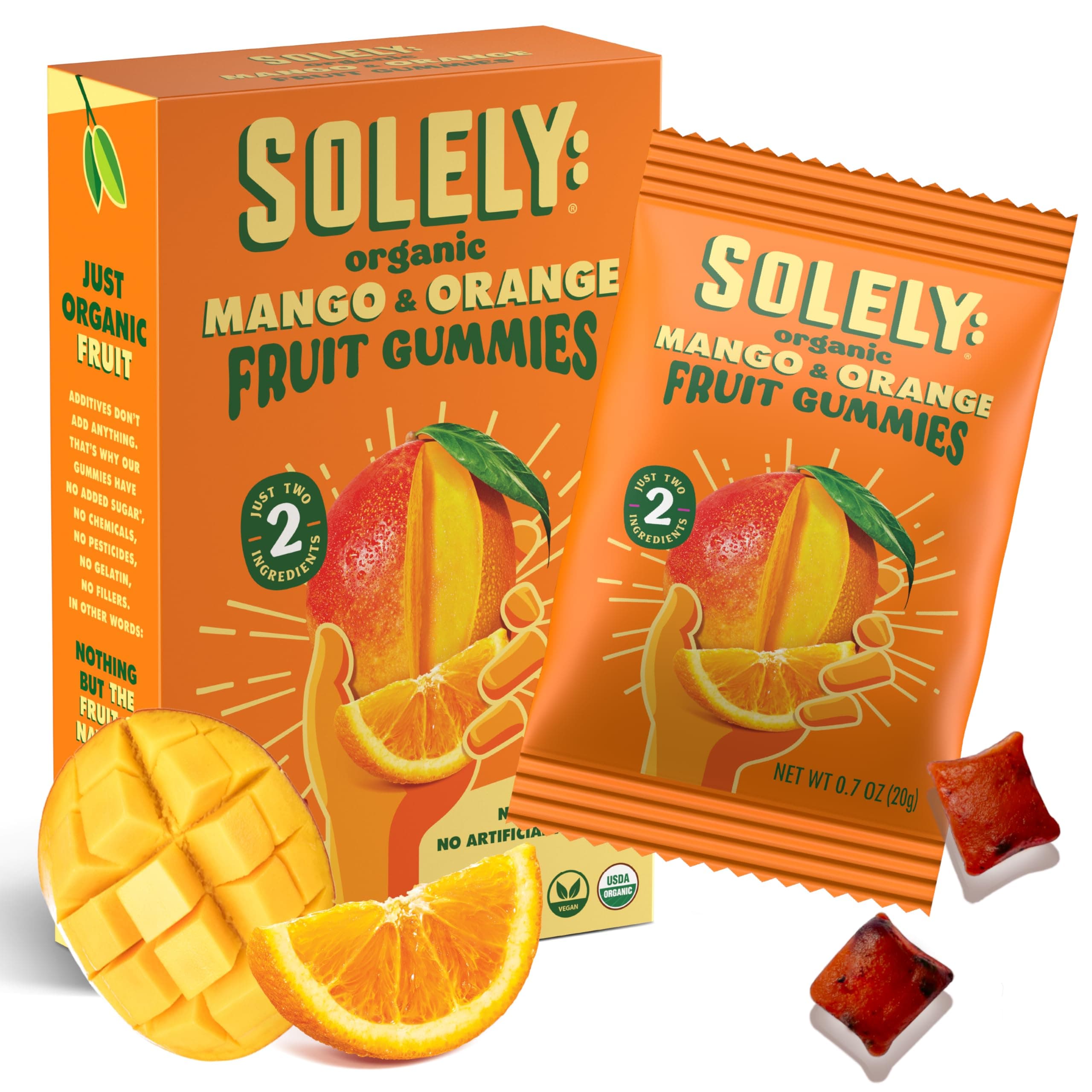 SOLELY - Organic Mango & Orange Whole Fruit Gummies (Pack of 1 Box, 5 Bags per Box) - Real Fresh Fruit - Healthy Snacks for Adults & Kids - Non GMO, Vegan Snacks, Shelf Stable - 5 Bags (3.5 oz)