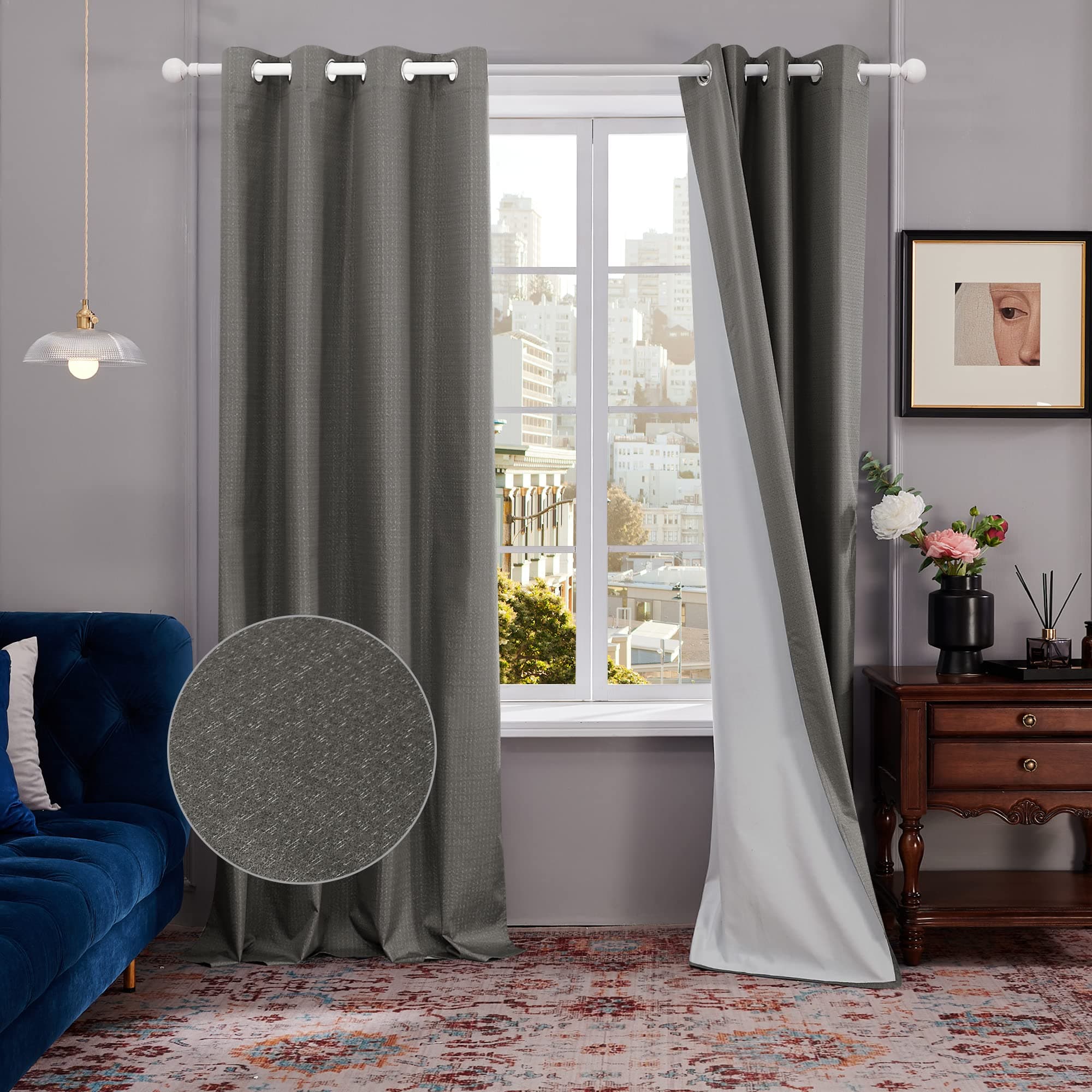 Deconovo Total Blackout Curtains 84 Drop, Lightweight 100% Black Out Curtains Eyelet, Soft Fabric Door Curtains Thermal, Grey Curtains for Livng Room, 52 x 84 Inch(Width x Length), 2 Panels