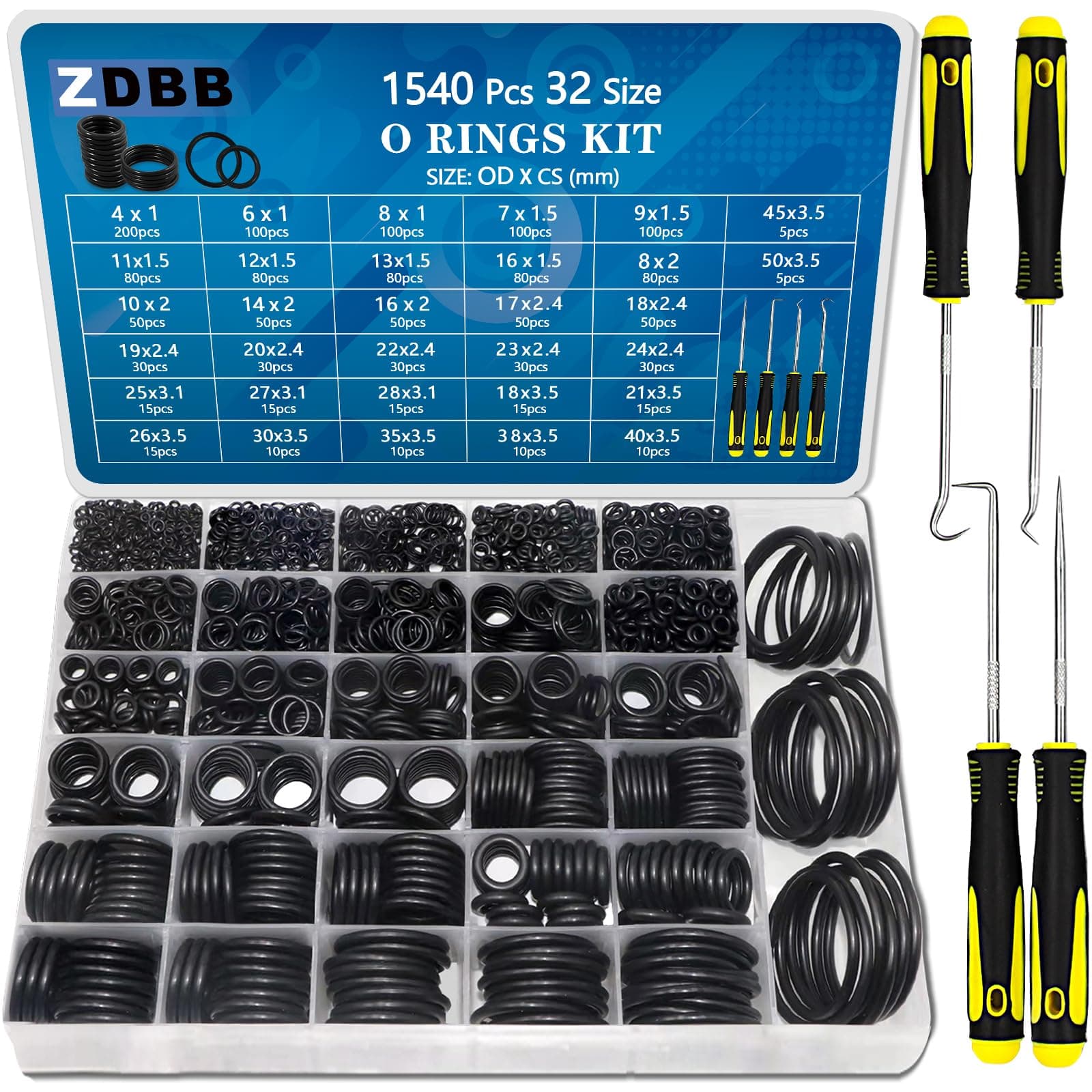 TWCC 32 Size 1440 Pcs O-Ring Assortment Kit Metric Nitrile NBR Rubber Washer Pick & Hook Set for Car Faucet Pressure Plumbing Repair Air or Gas Sealing Connection OD 4mm-50mm